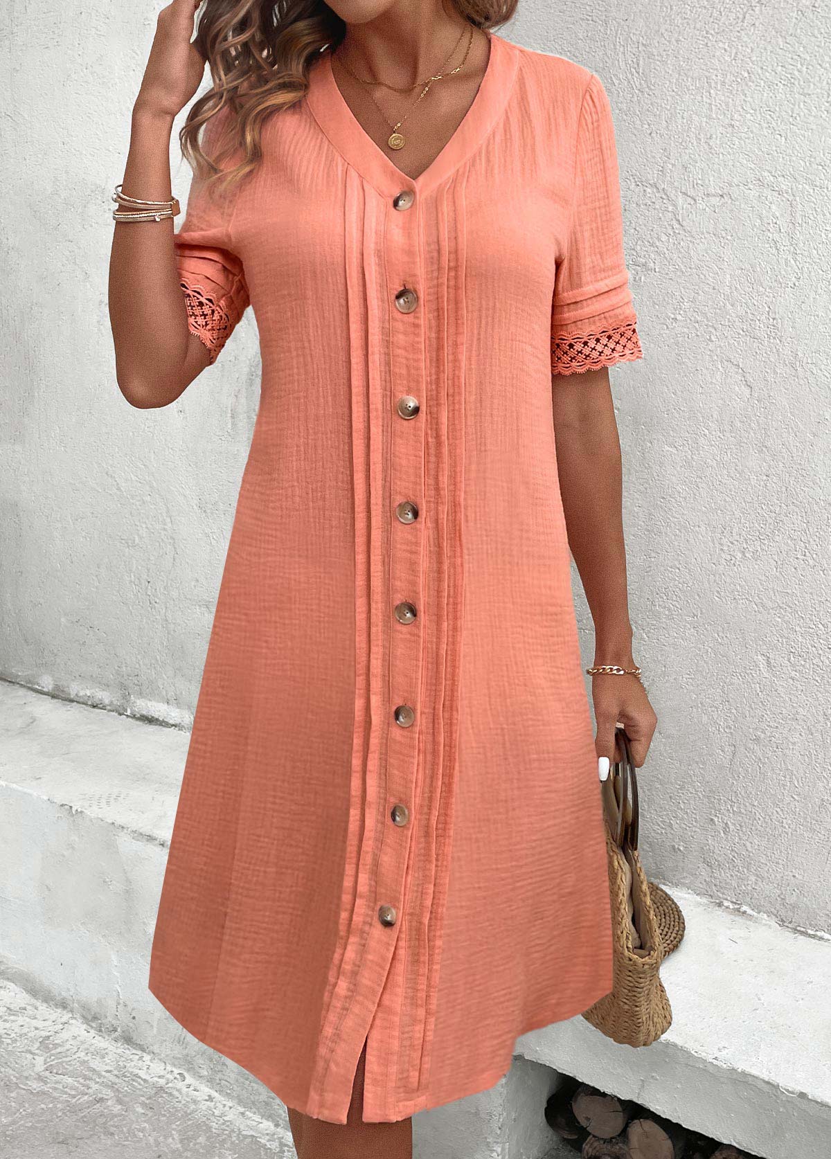 Dusty Pink Button A Line Short Sleeve Dress | picture 