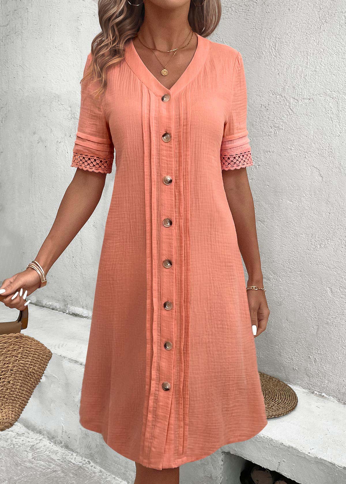 Dusty Pink Button A Line Short Sleeve Dress | picture 