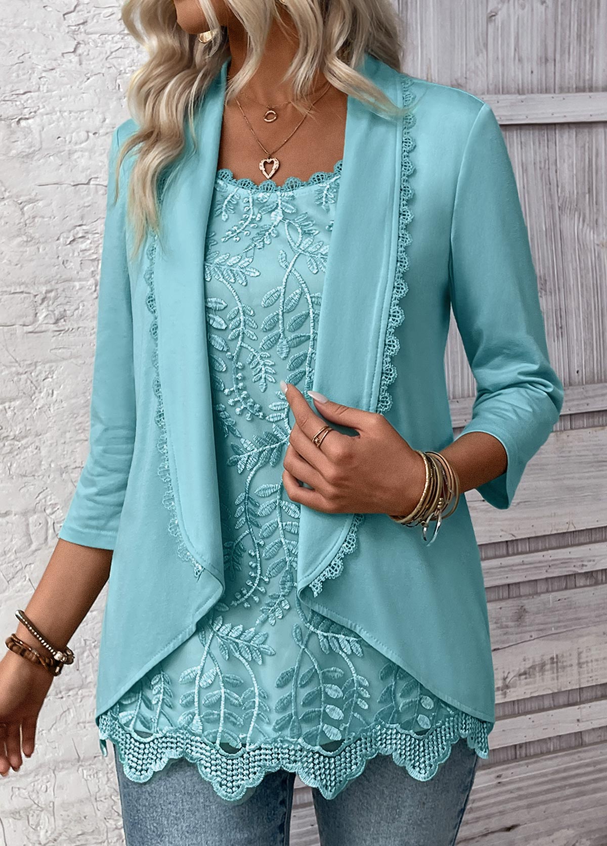 Mint Green 3/4 Sleeve Fake Two Piece Twinset | picture 