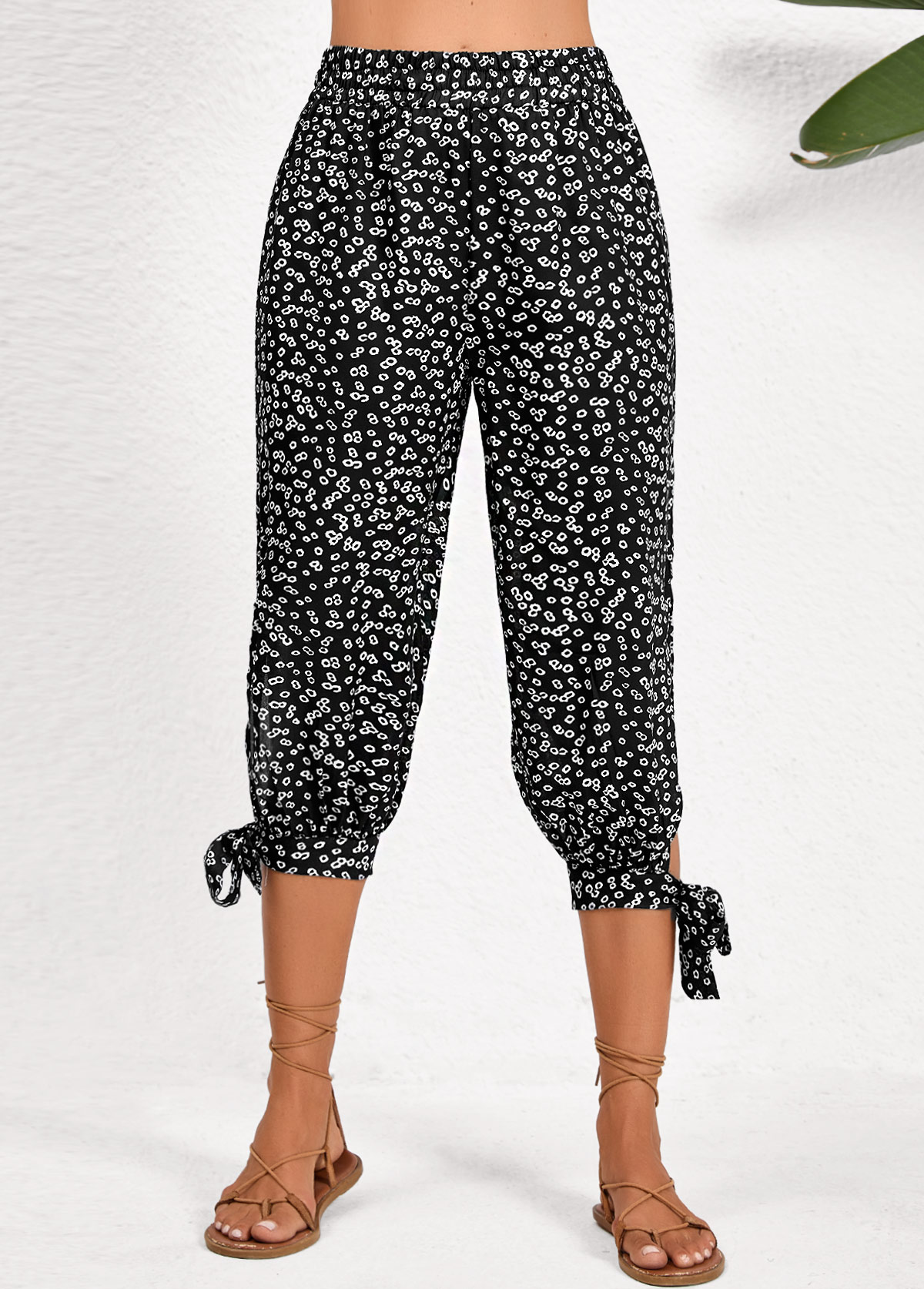 Black Split Ditsy Floral Print Jogger Elastic Waist Pants | picture 