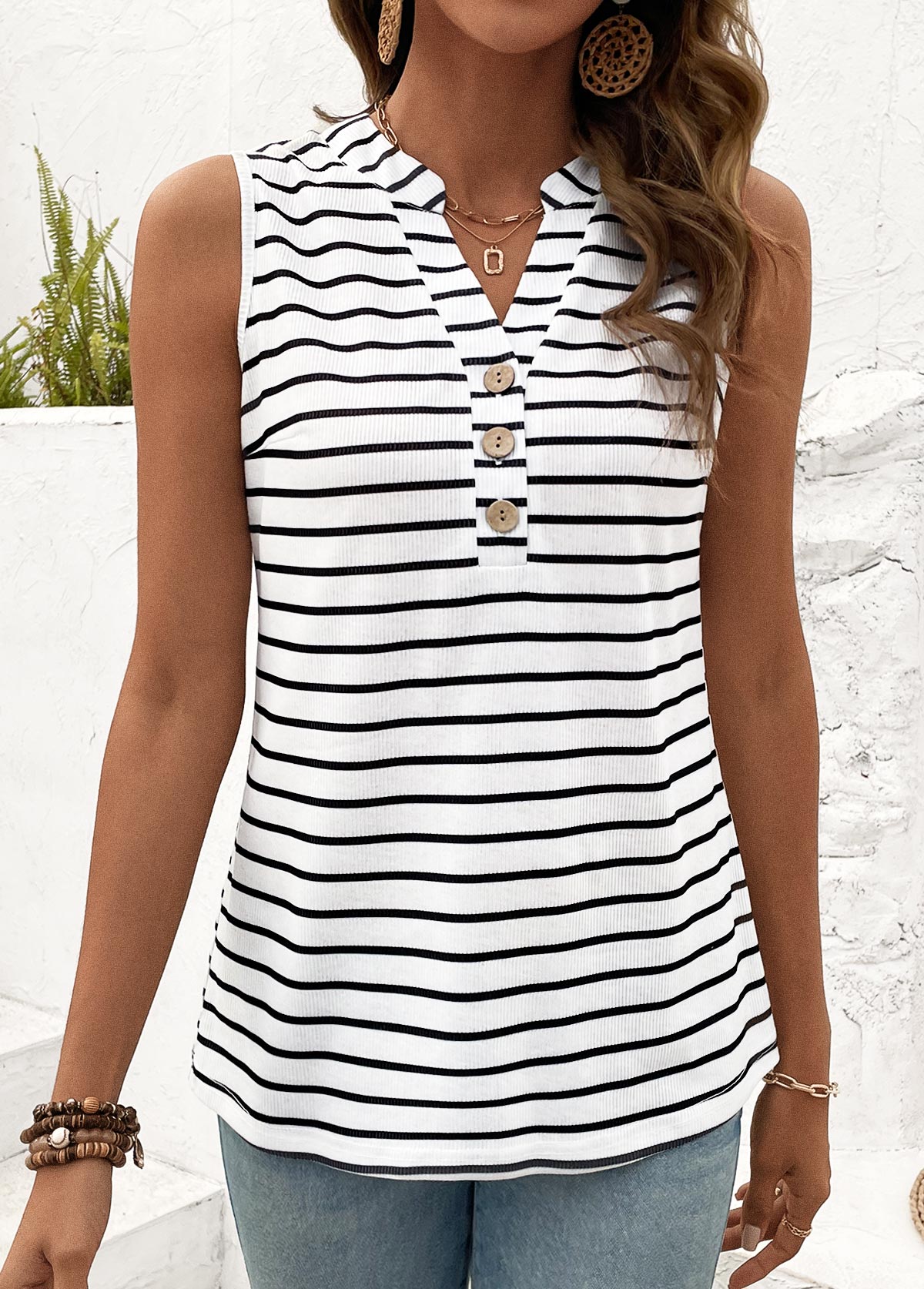 White Button Striped Split Neck Tank Top | picture 
