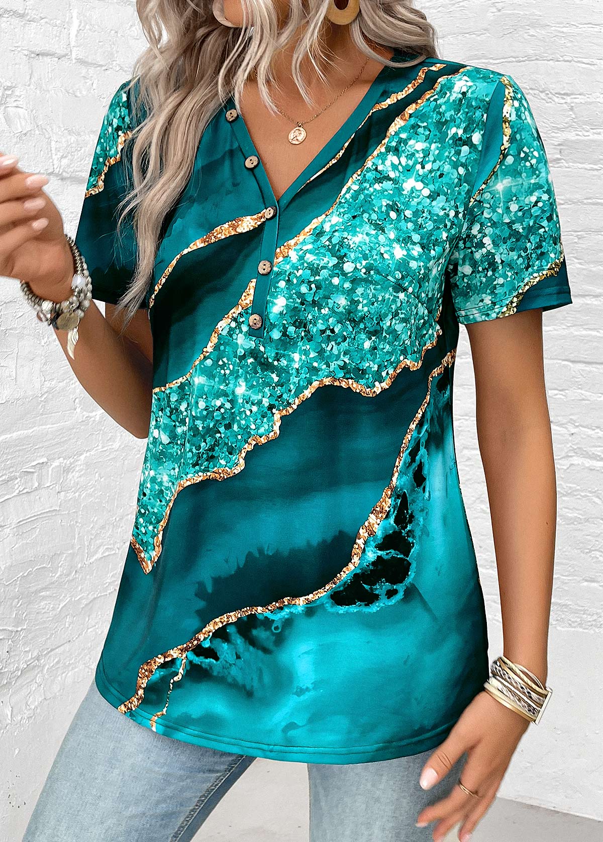Turquoise Button Marble Print Short Sleeve T Shirt | picture 