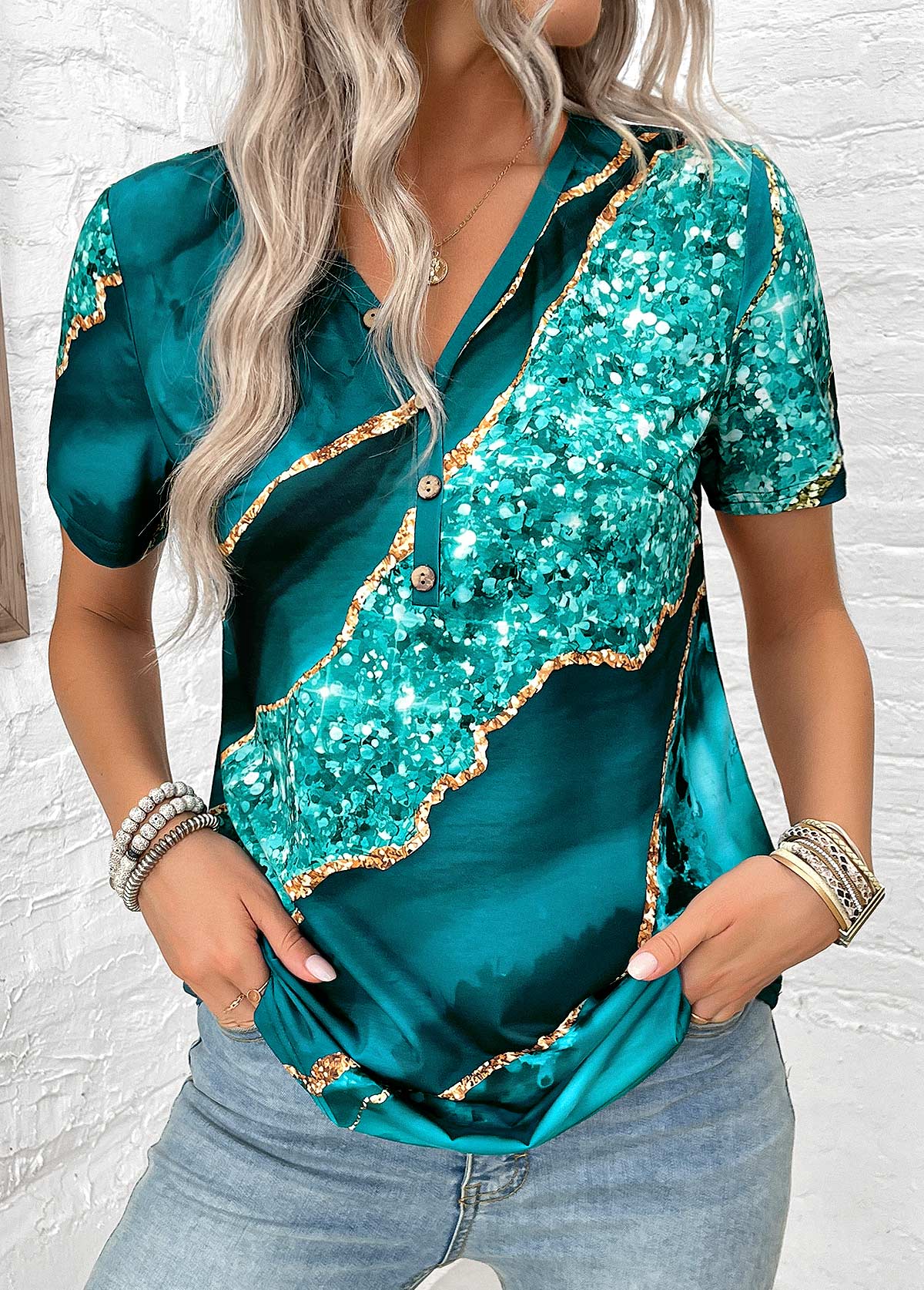 Turquoise Button Marble Print Short Sleeve T Shirt | picture 