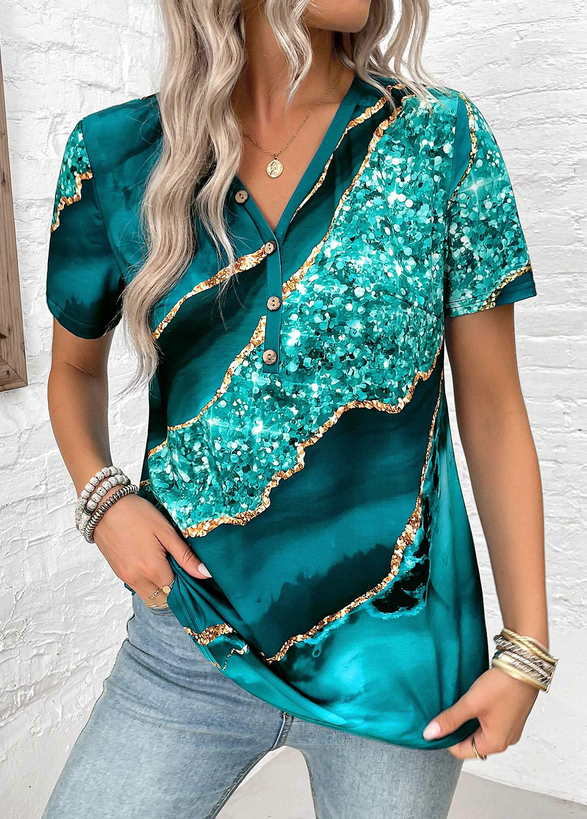 Turquoise Button Marble Print Short Sleeve T Shirt | picture 