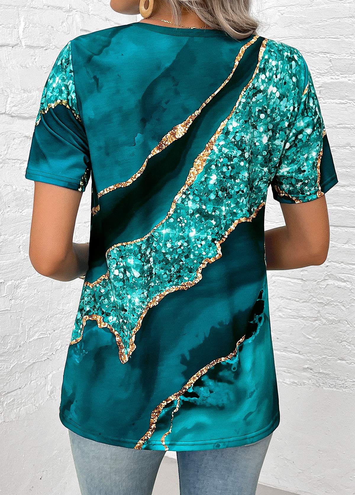 Turquoise Button Marble Print Short Sleeve T Shirt | picture 