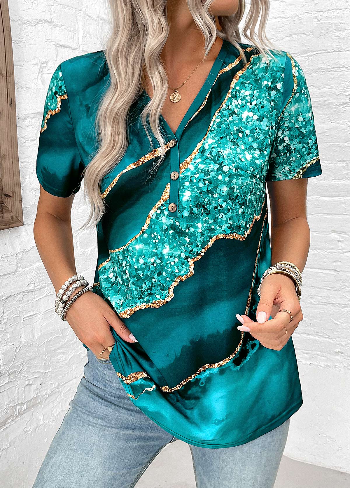 Turquoise Button Marble Print Short Sleeve T Shirt | picture 