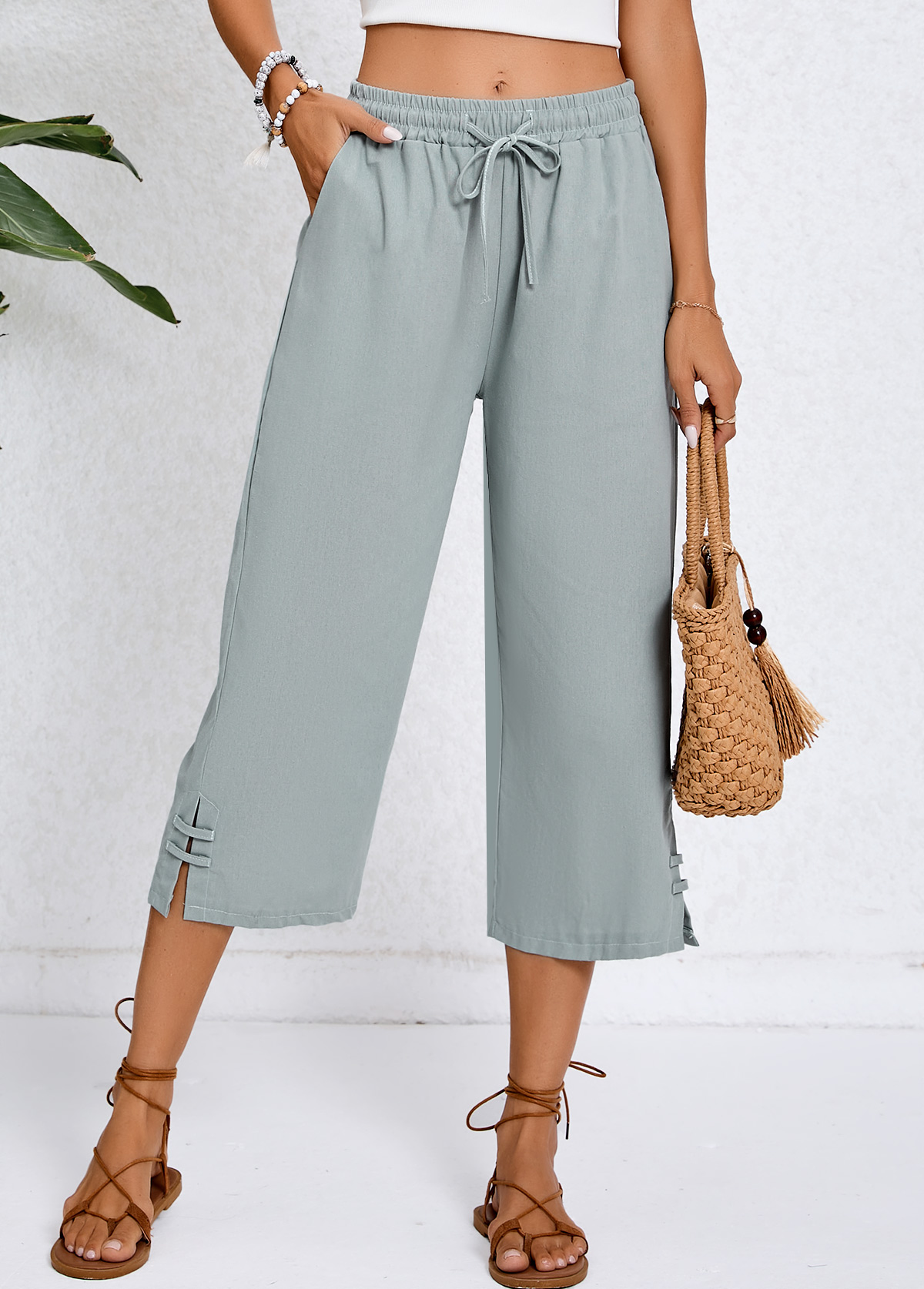 Grey Pocket Elastic Waist High Waisted Pants | picture 