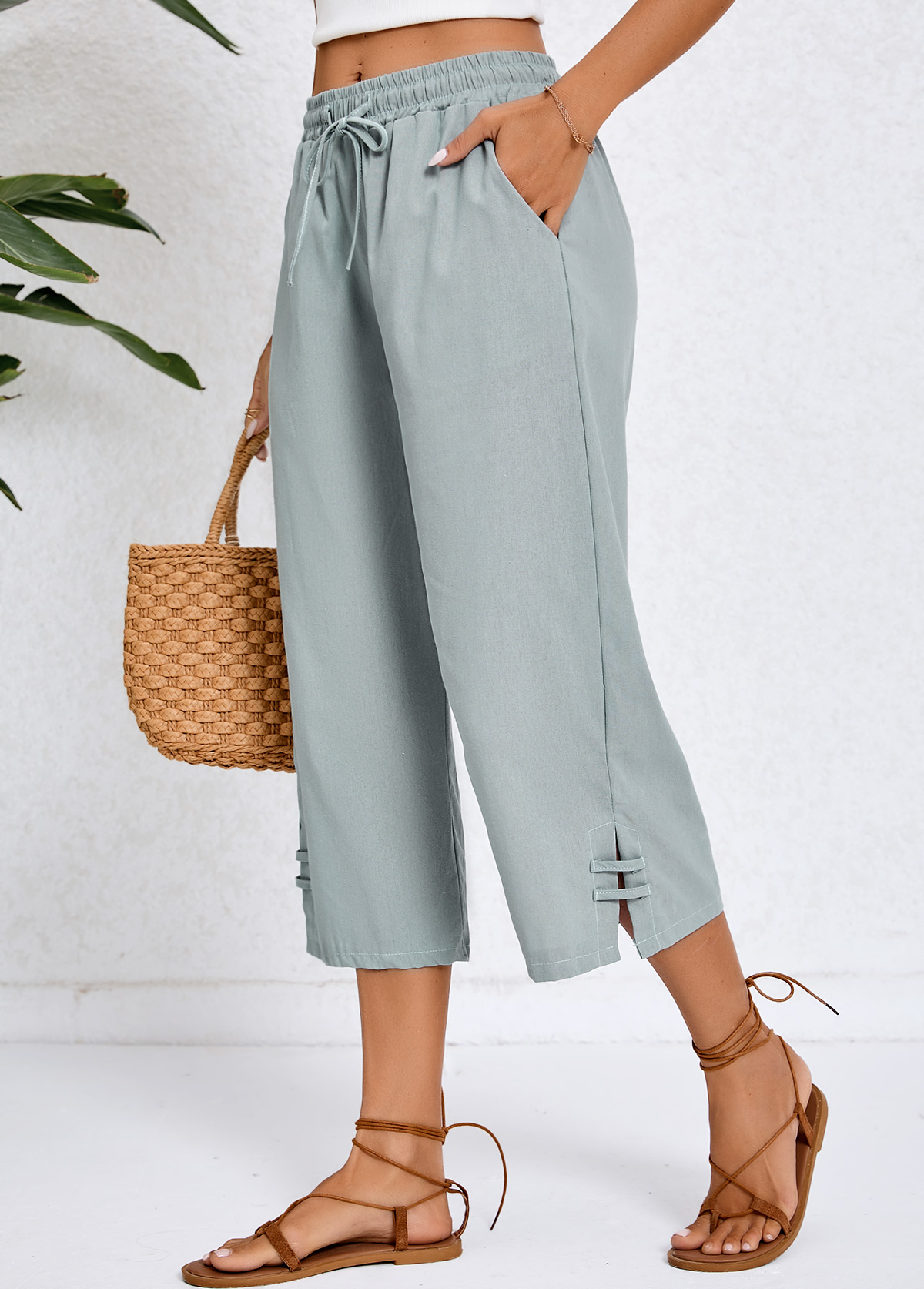 Grey Pocket Elastic Waist High Waisted Pants | picture 