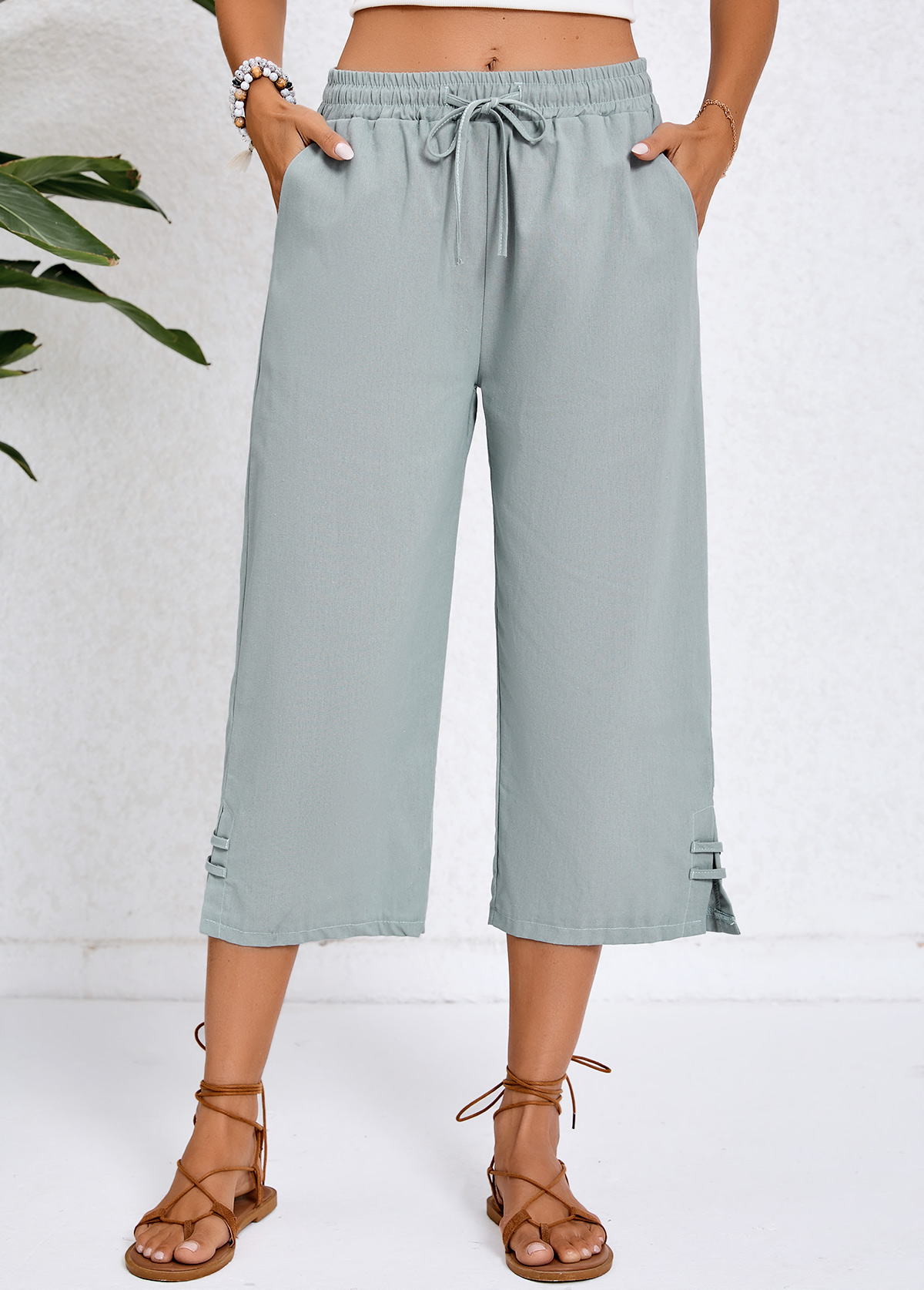 Grey Pocket Elastic Waist High Waisted Pants | picture 