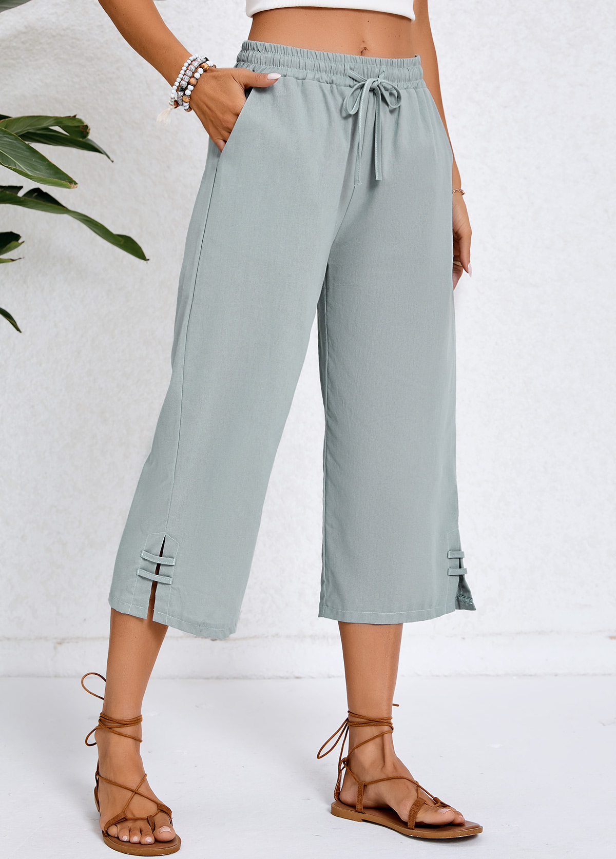 Grey Pocket Elastic Waist High Waisted Pants | picture 
