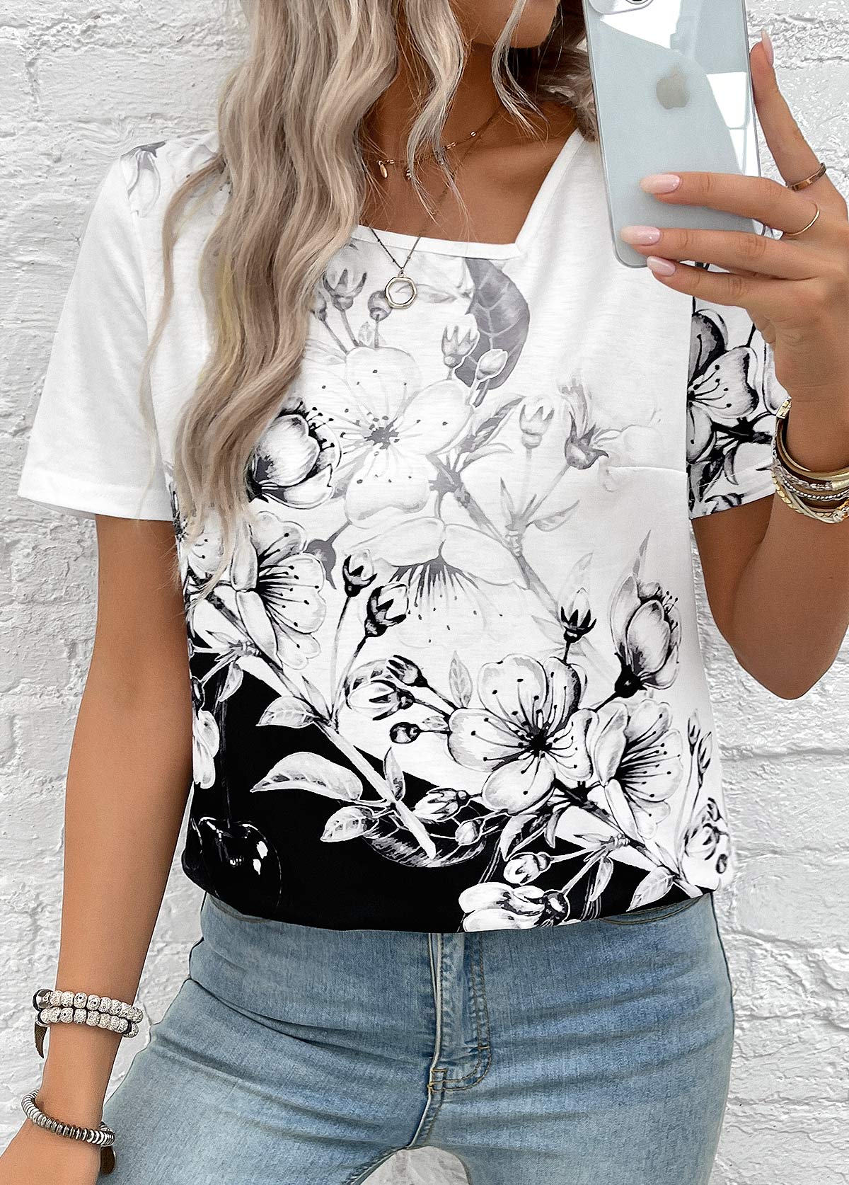 Black Lightweight Floral Print Short Sleeve T Shirt | picture 