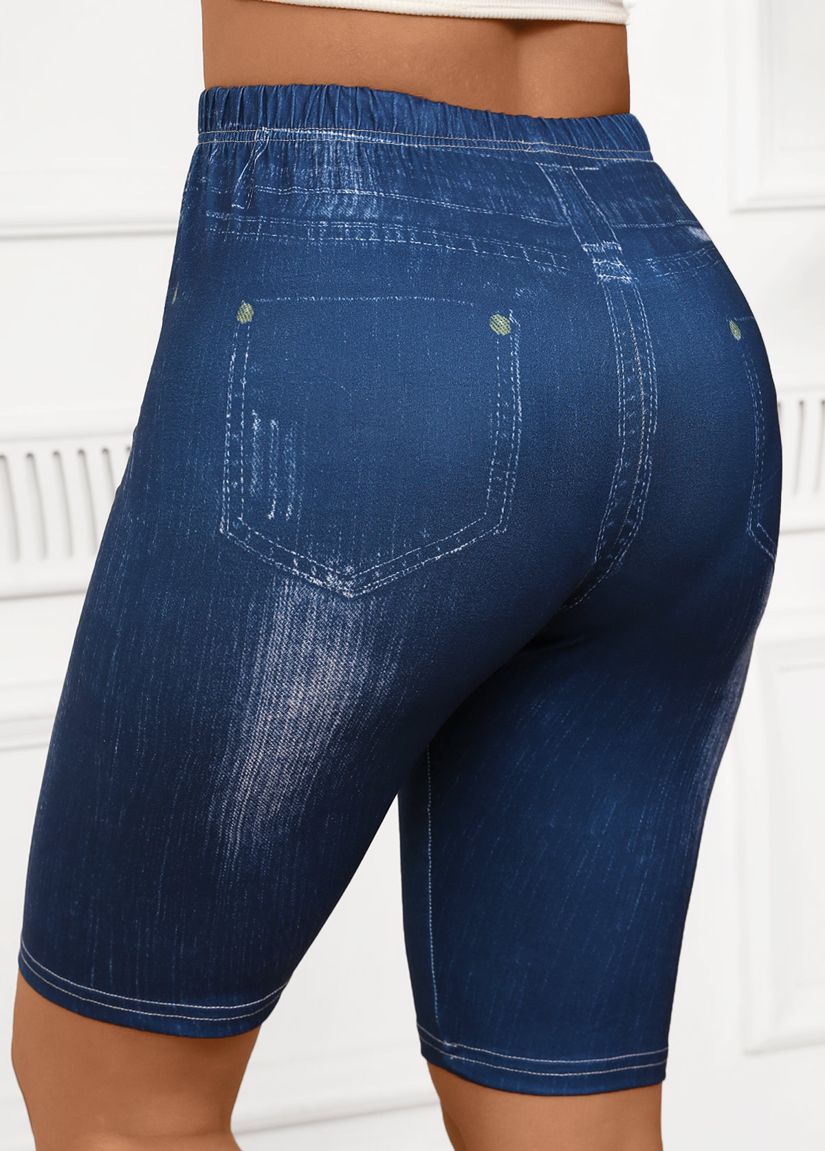Denim Blue High Waisted Short Elastic Waist Leggings | picture 
