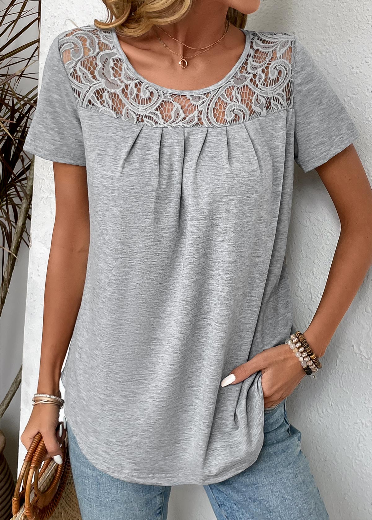 Grey Patchwork Short Sleeve Round Neck T Shirt | picture 