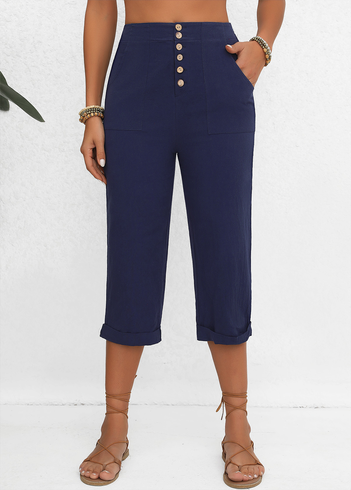 Navy Button Elastic Waist High Waisted Pants | picture 