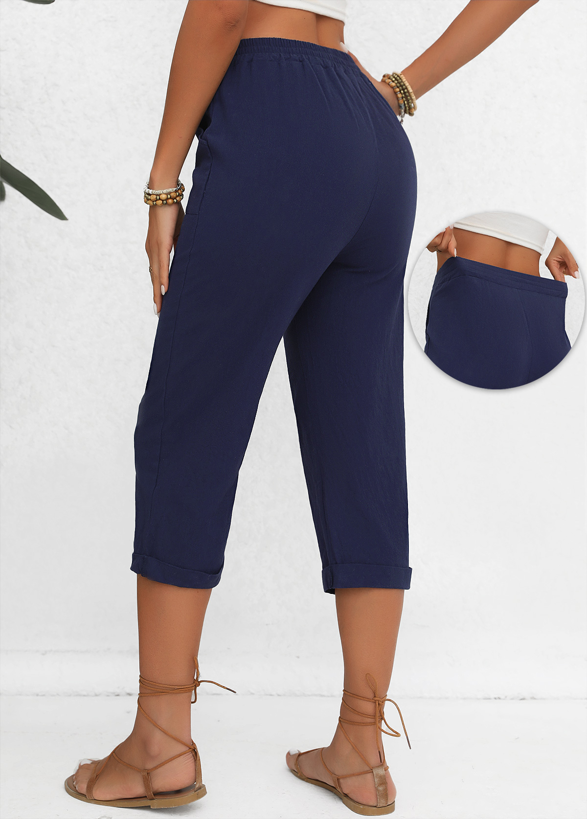 Navy Button Elastic Waist High Waisted Pants | picture 