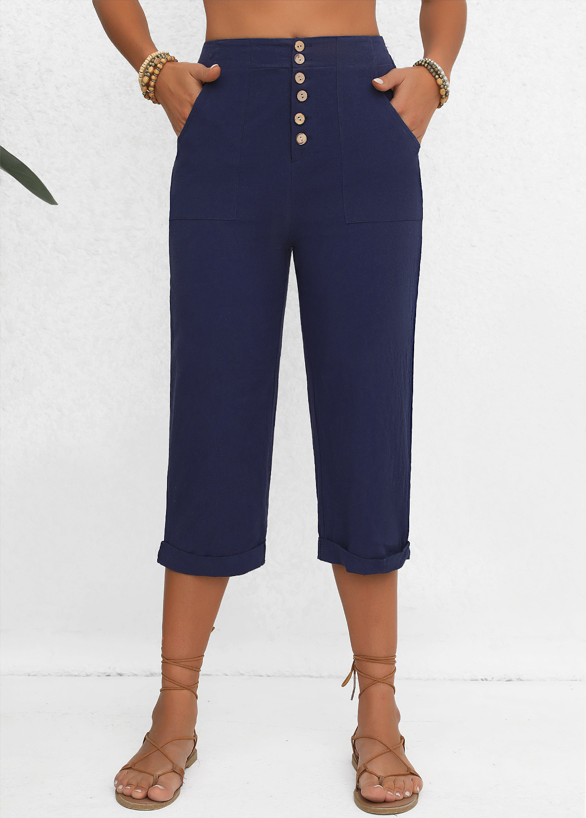 Navy Button Elastic Waist High Waisted Pants | picture 