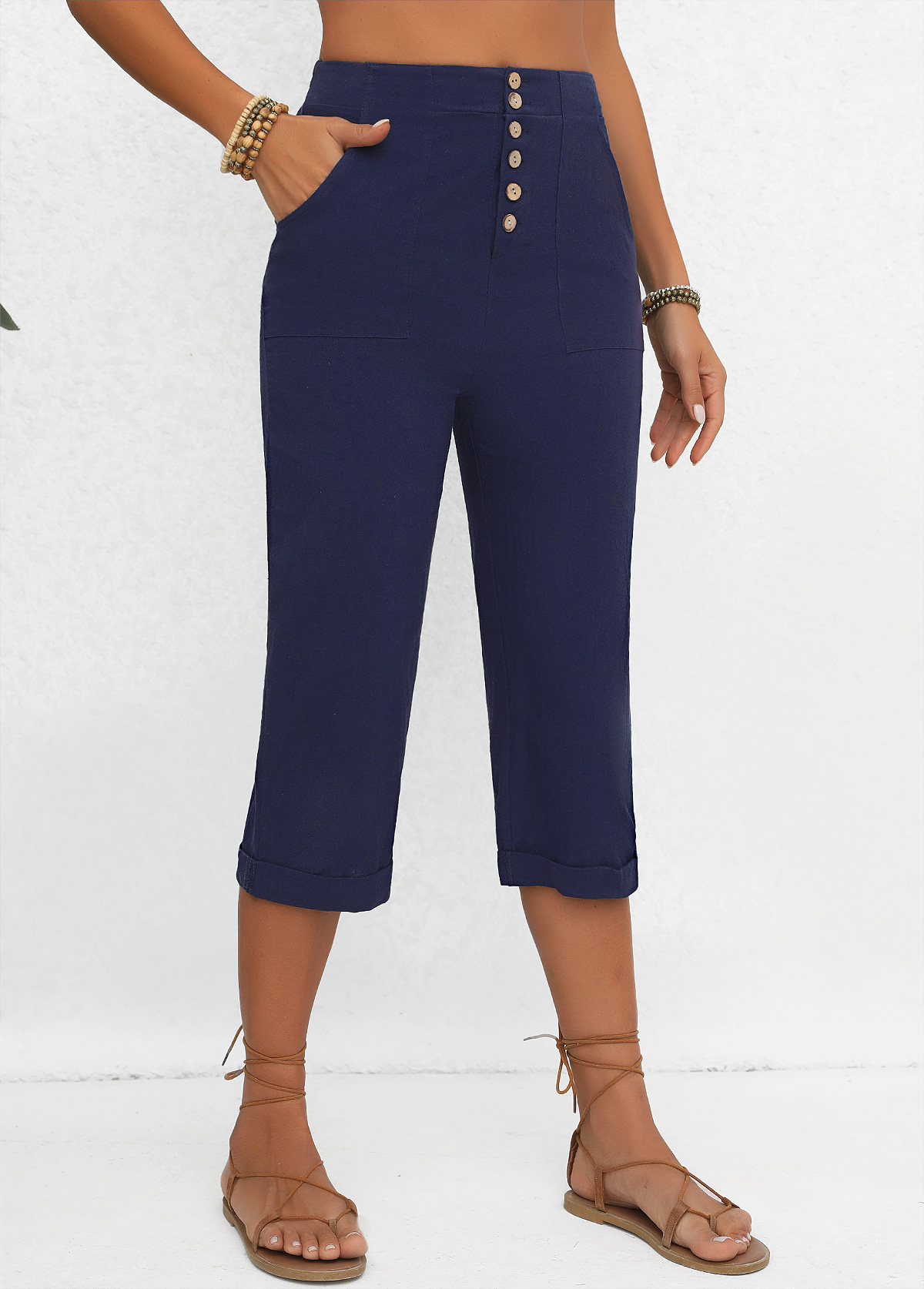 Navy Button Elastic Waist High Waisted Pants | picture 