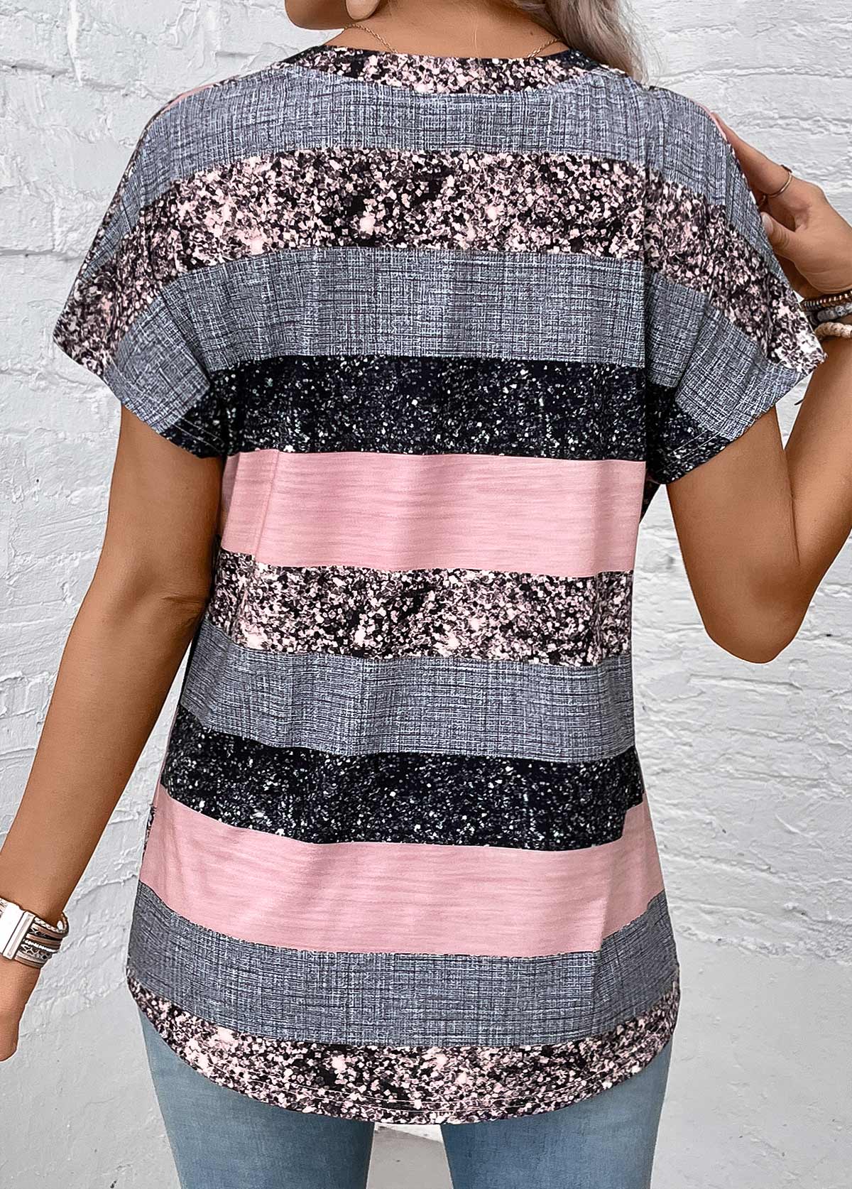 Grey Split Striped Short Sleeve Blouse | picture 