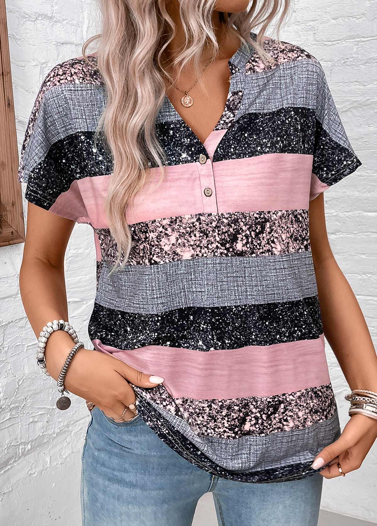 Grey Split Striped Short Sleeve Blouse | picture 
