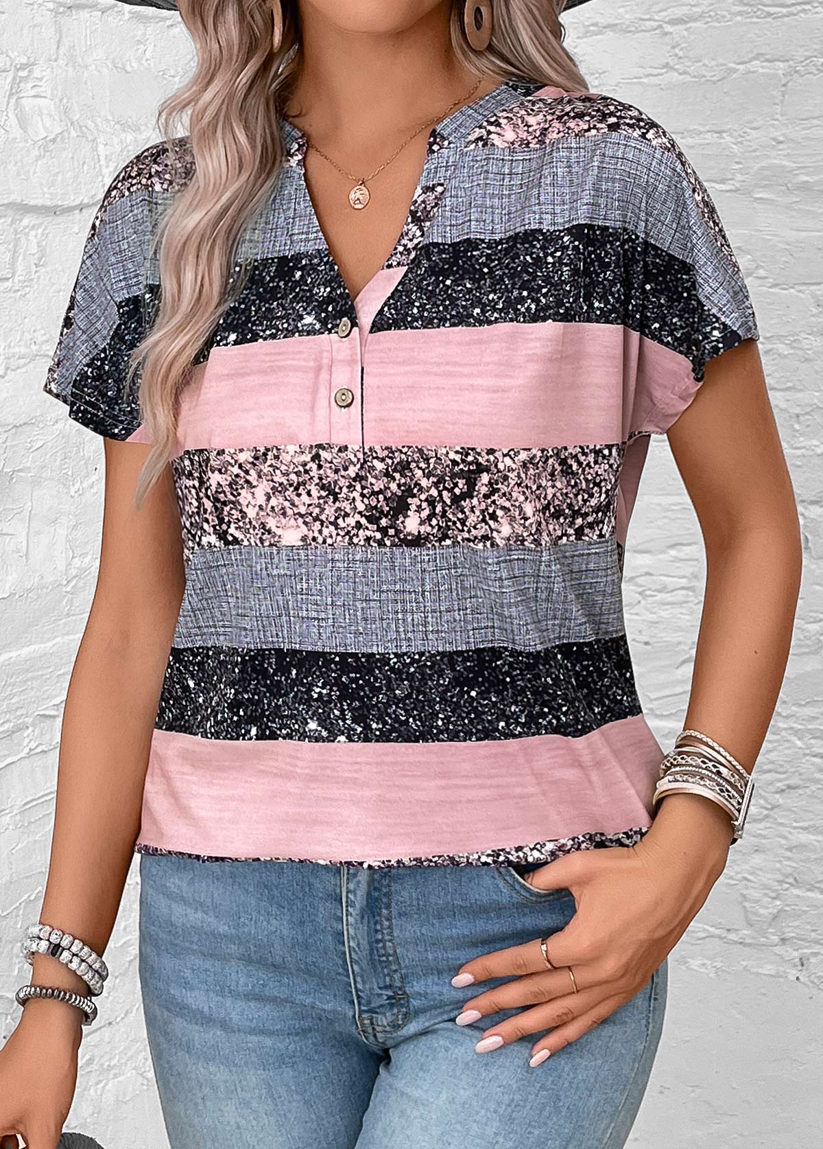 Grey Split Striped Short Sleeve Blouse | picture 