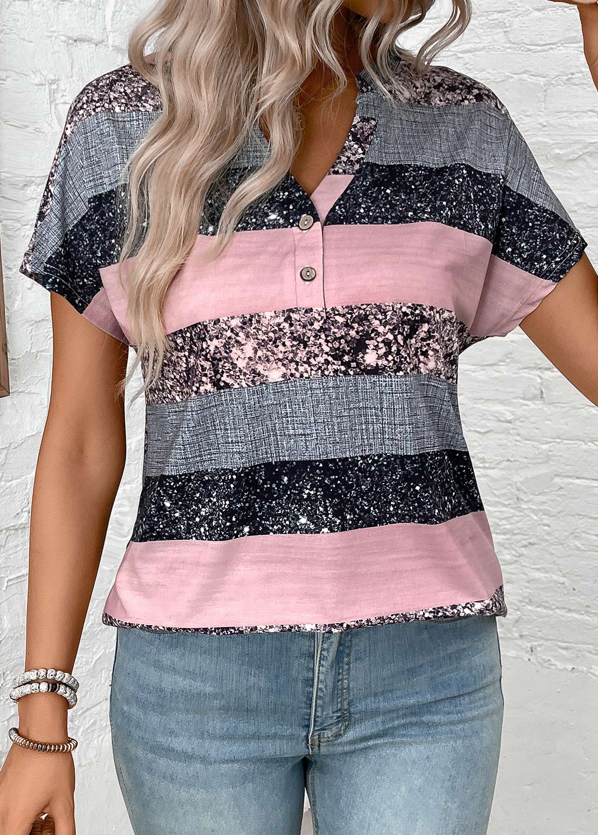 Grey Split Striped Short Sleeve Blouse | picture 