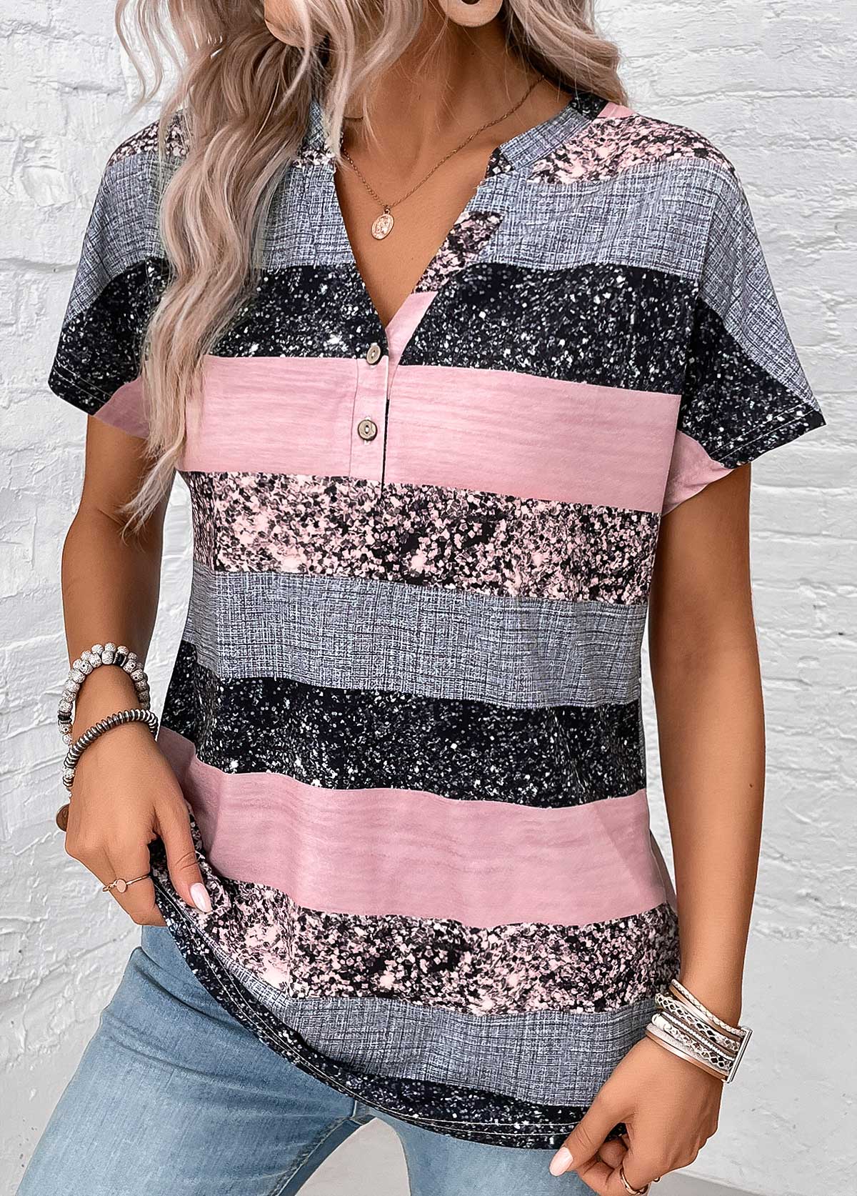 Grey Split Striped Short Sleeve Blouse | picture 