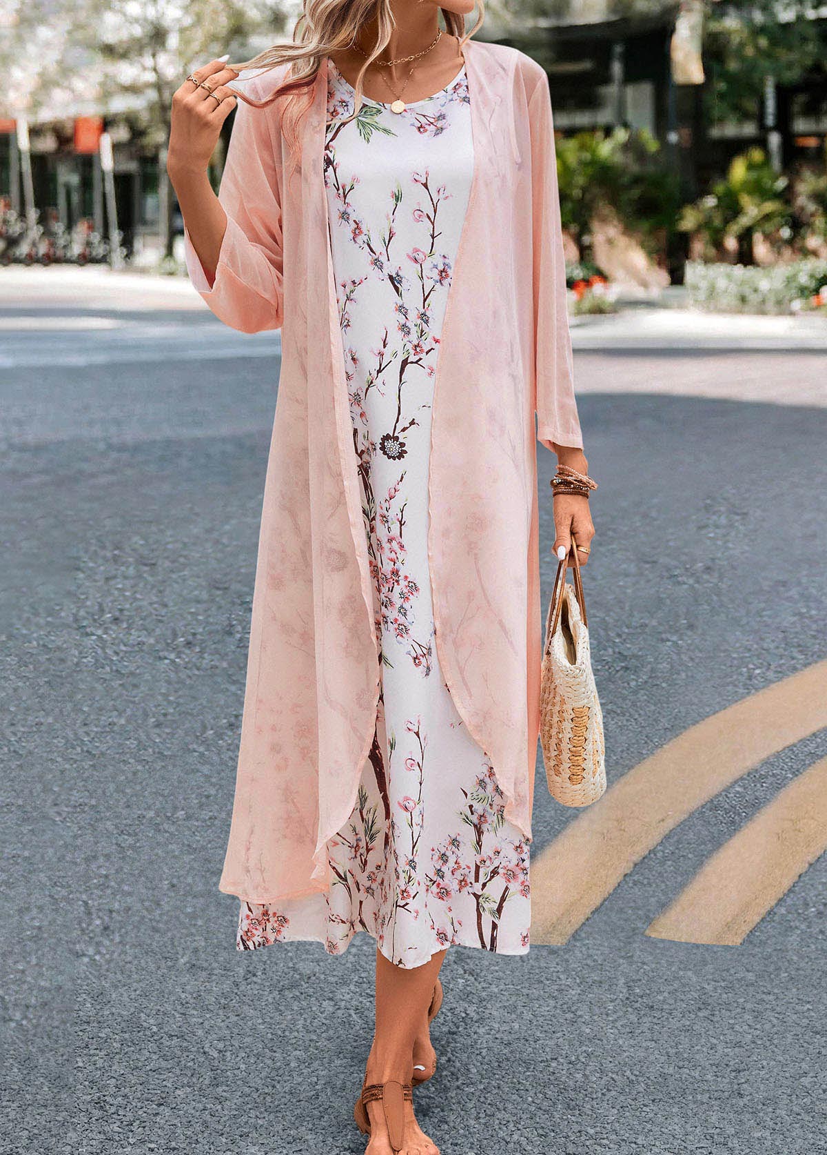 Plus Size Pink Floral Print Maxi Dress and Cardigan | picture 