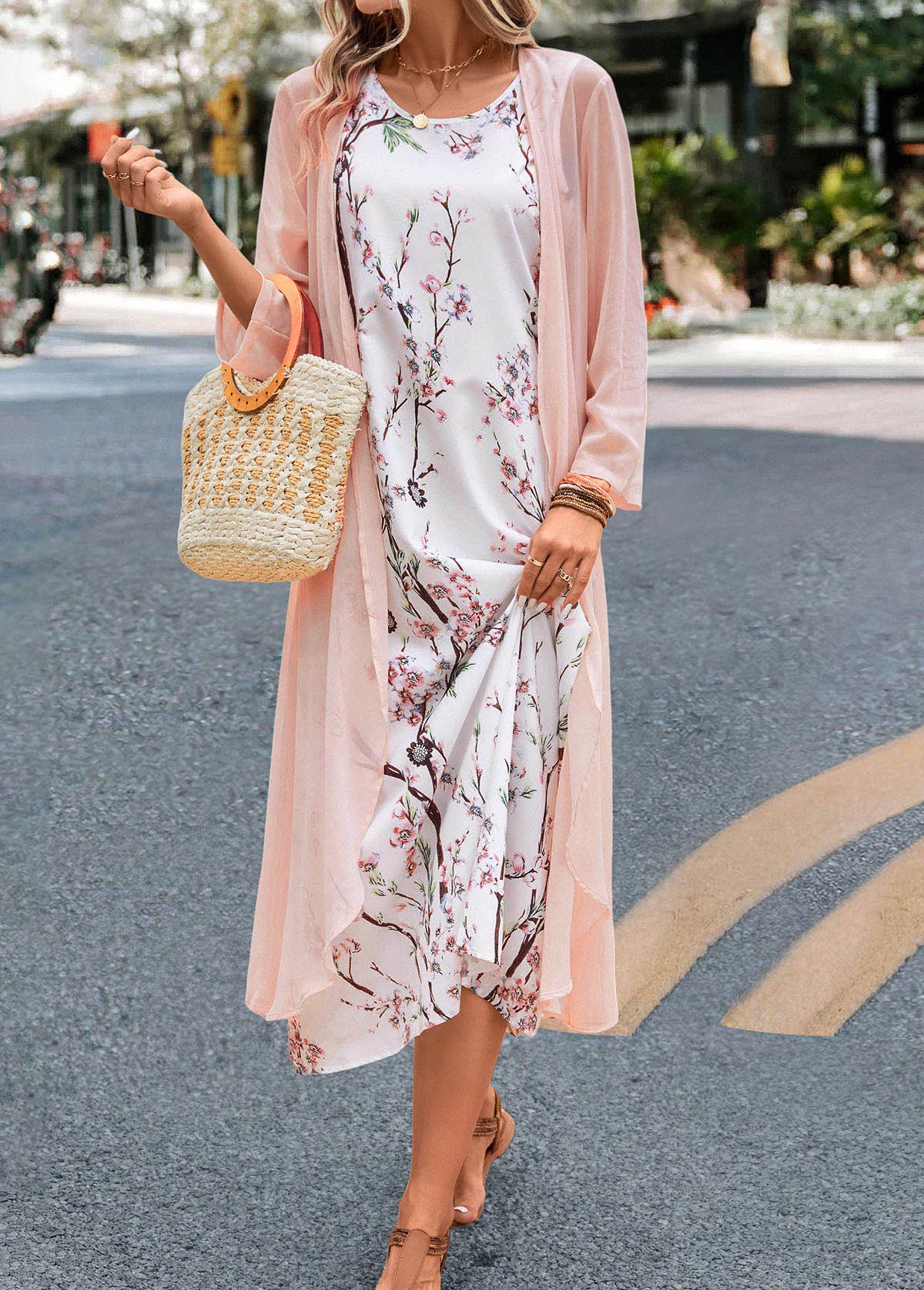 Plus Size Pink Floral Print Maxi Dress and Cardigan | picture 