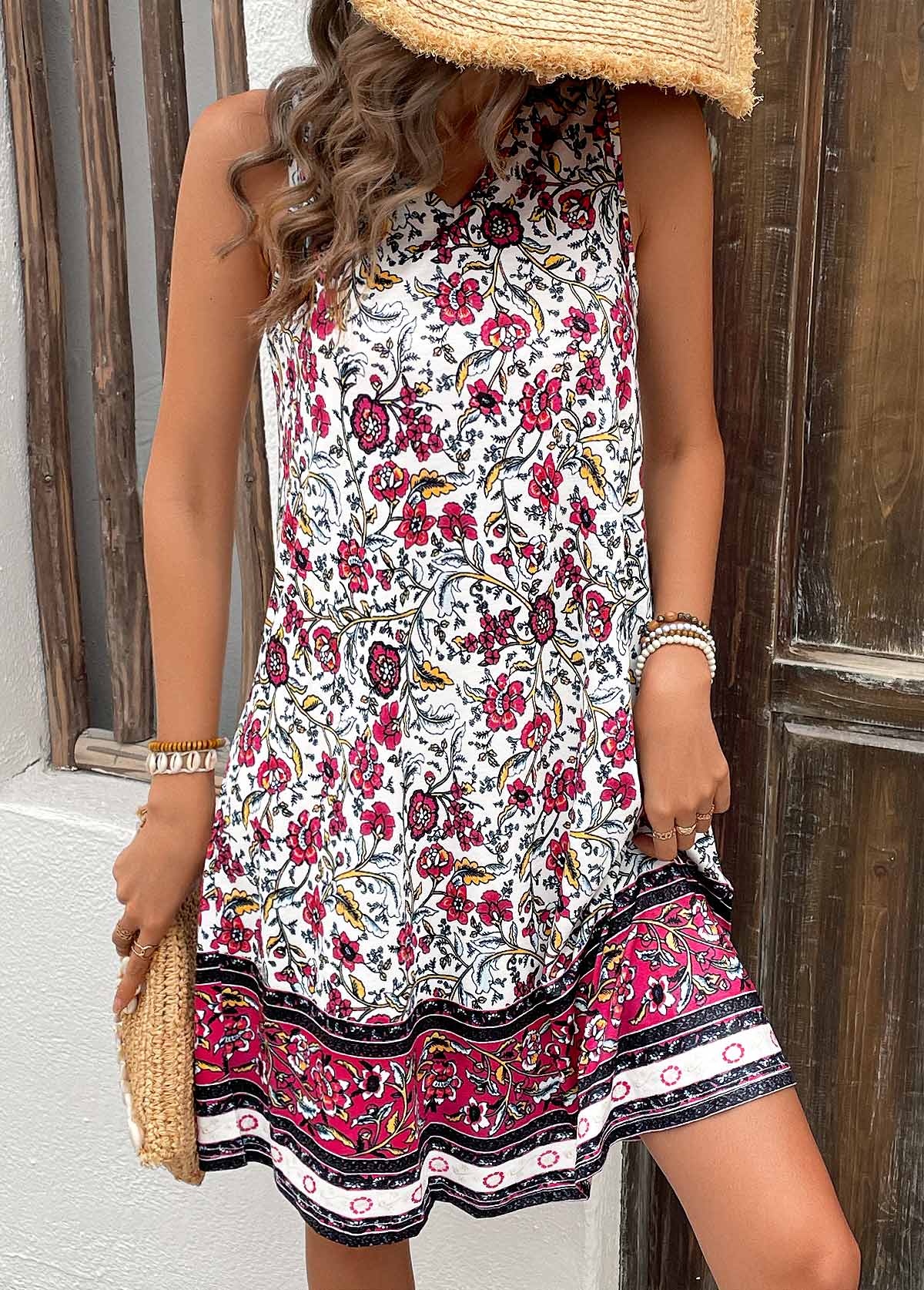 Hot Pink Breathable Floral Print A Line Sleeveless Dress | picture 
