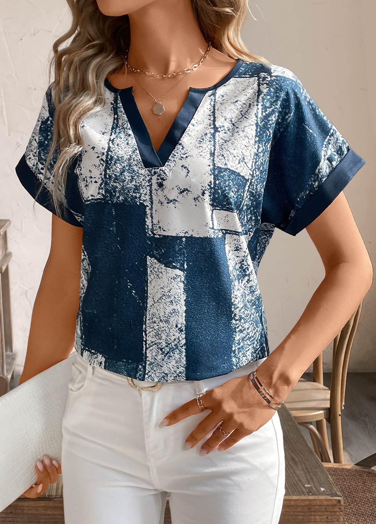 Peacock Blue Split Geometric Print Short Sleeve T Shirt | picture 