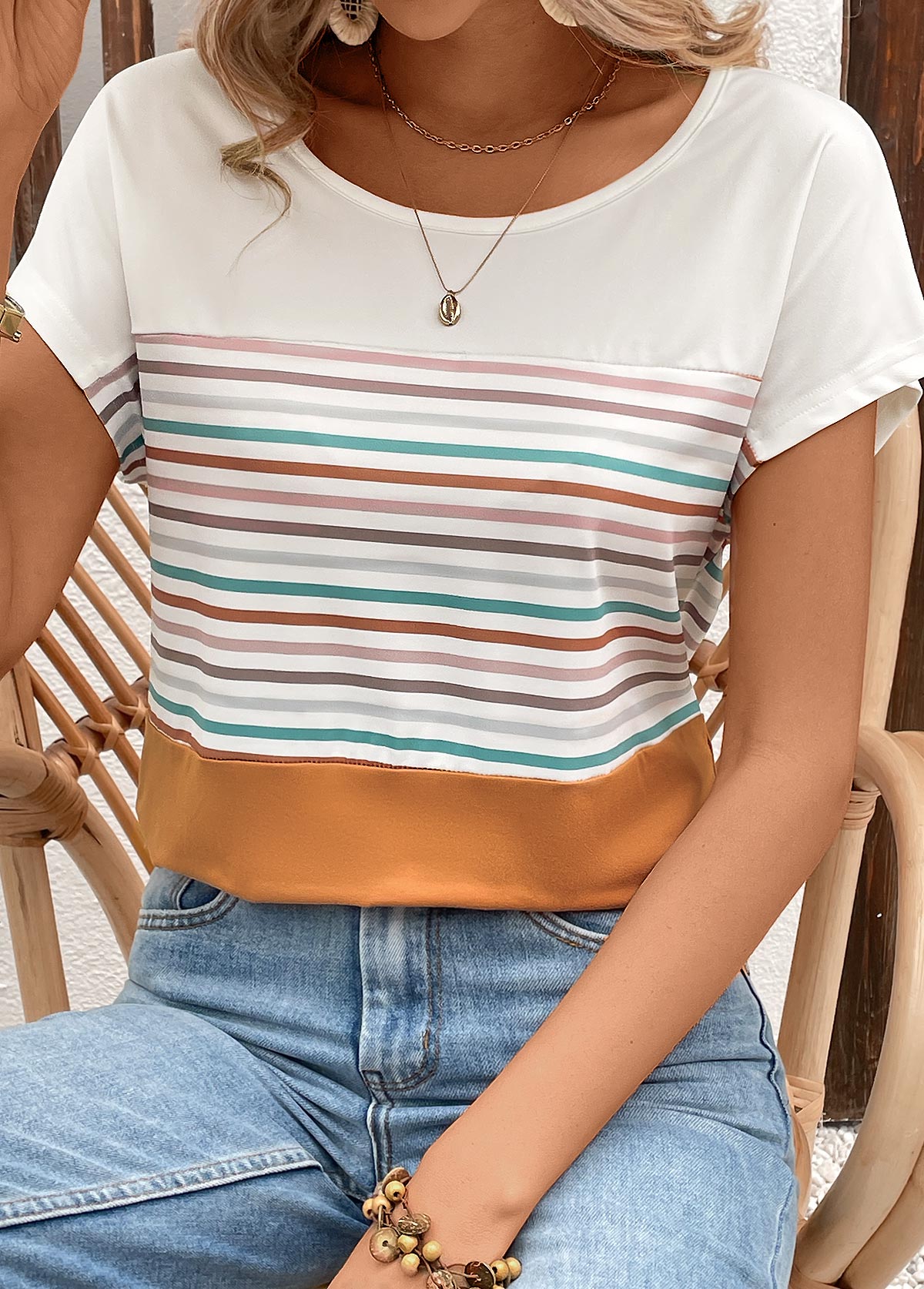 Terracotta Striped Short Sleeve Round Neck T Shirt | picture 