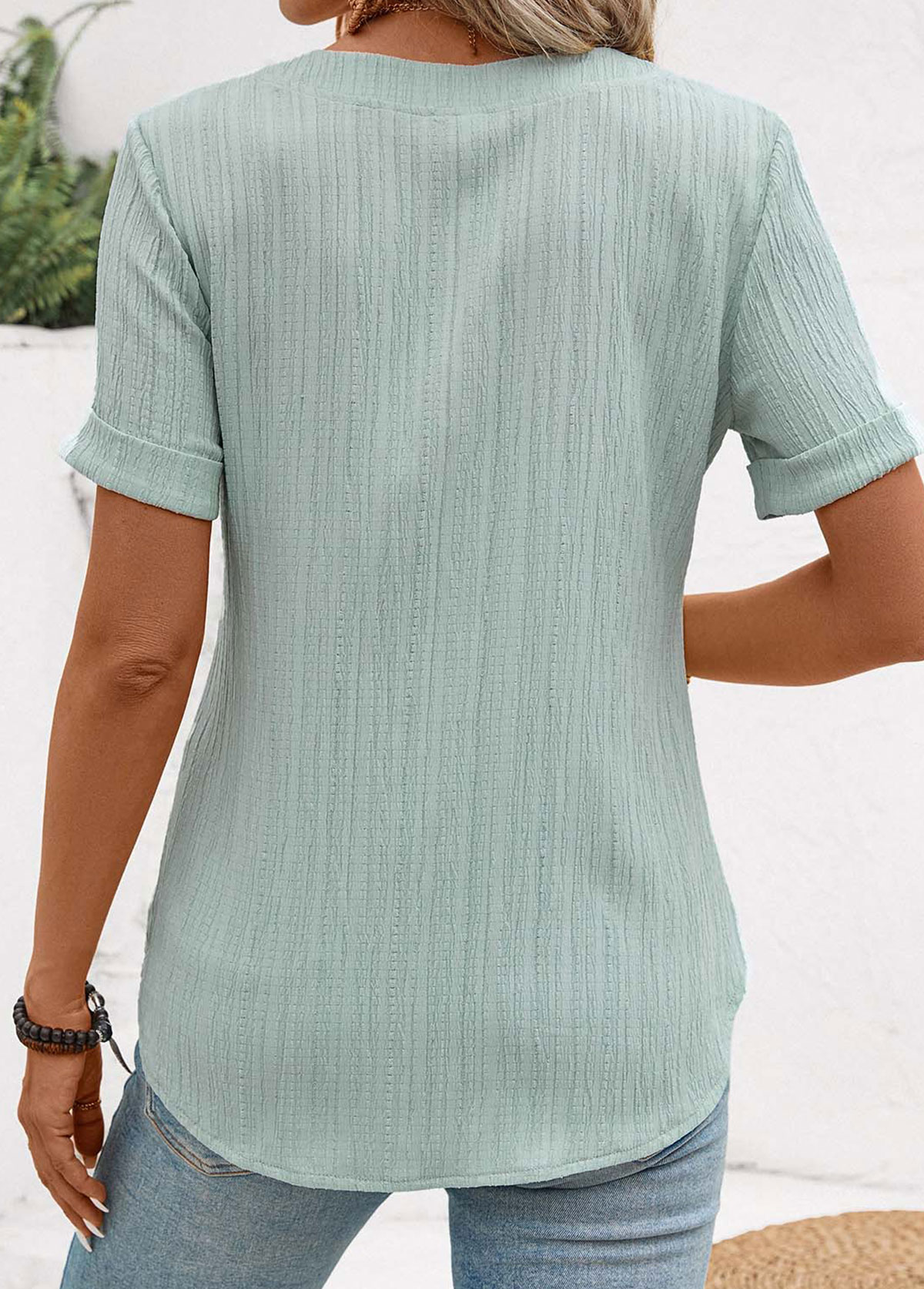 Mint Green Patchwork Short Sleeve Split Neck Blouse | picture 2