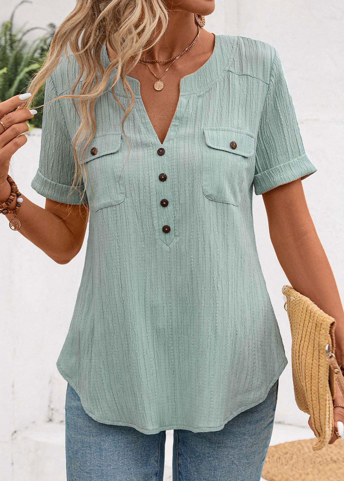 Mint Green Patchwork Short Sleeve Split Neck Blouse | picture 6