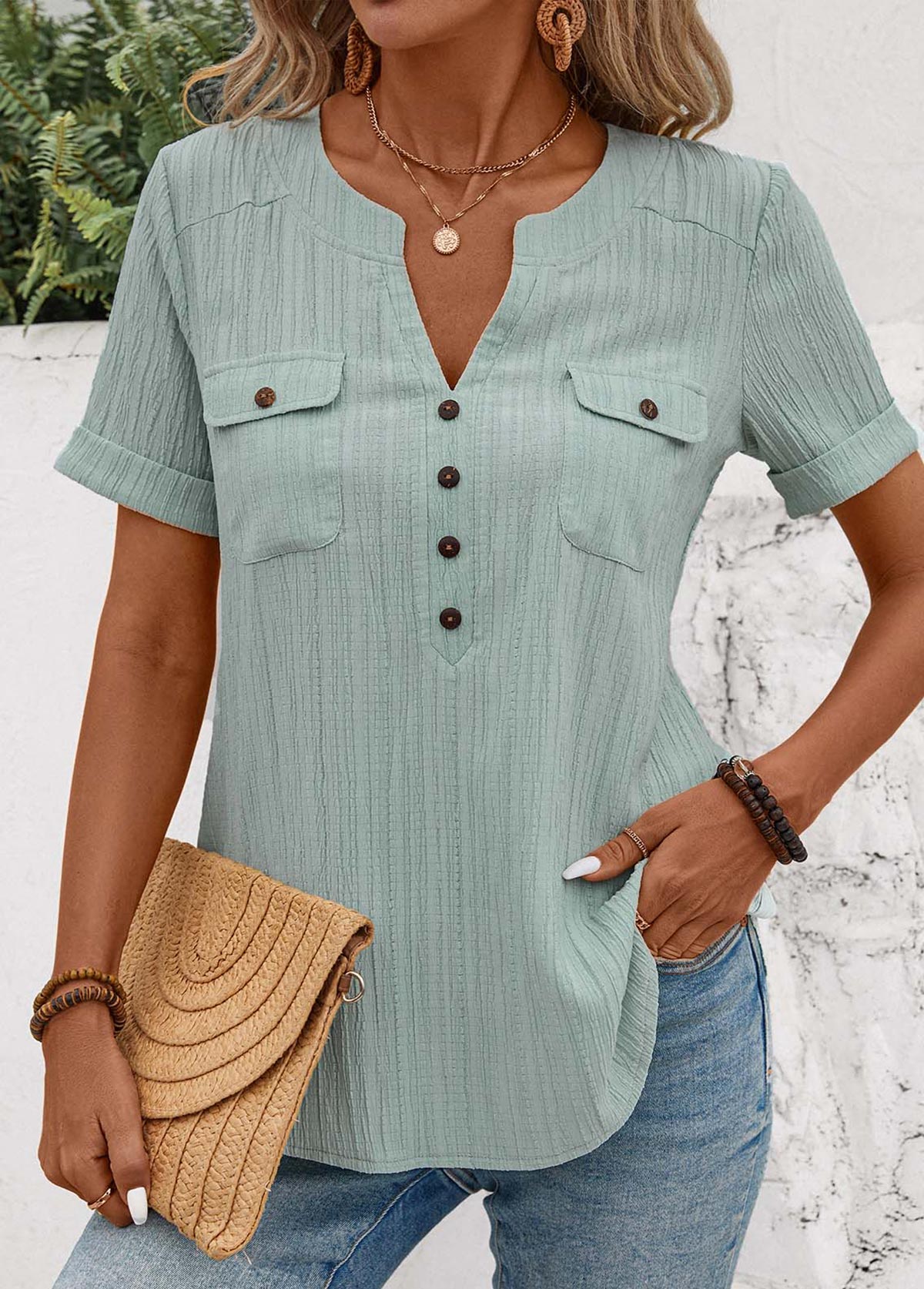 Mint Green Patchwork Short Sleeve Split Neck Blouse | picture 5