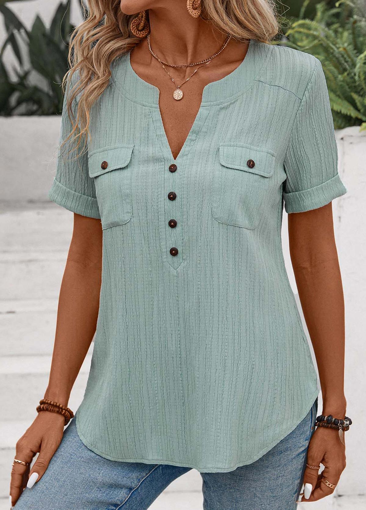 Mint Green Patchwork Short Sleeve Split Neck Blouse | picture 3