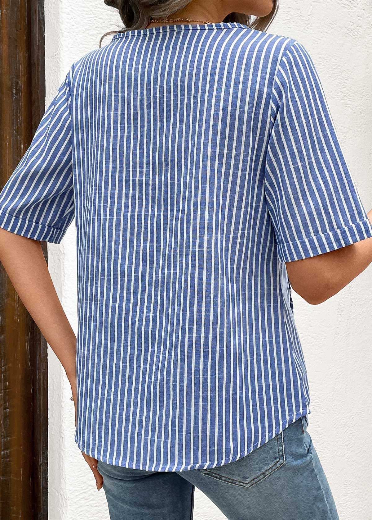 Blue Button Striped Short Sleeve Round Neck Blouse | picture 