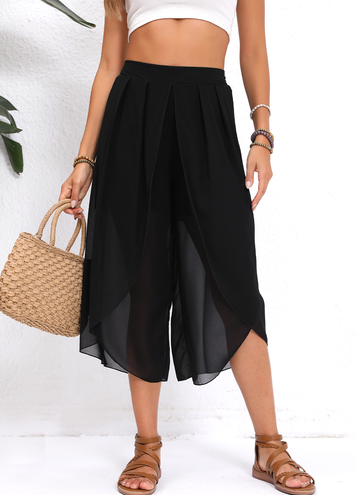 Black Split Elastic Waist High Waisted Pants | picture 