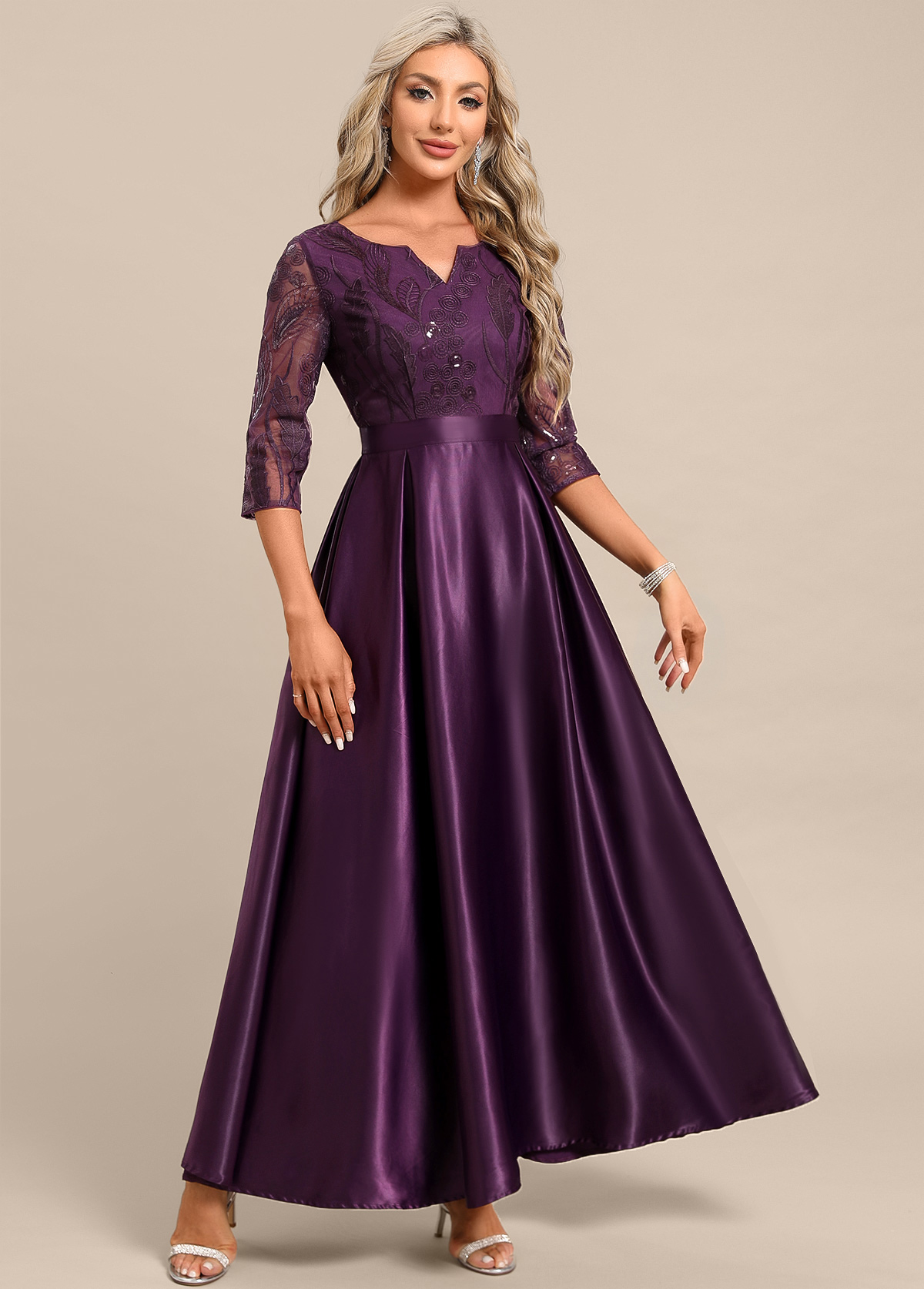 Dark Reddish Purple Lace Maxi 3/4 Sleeve Dress | picture 