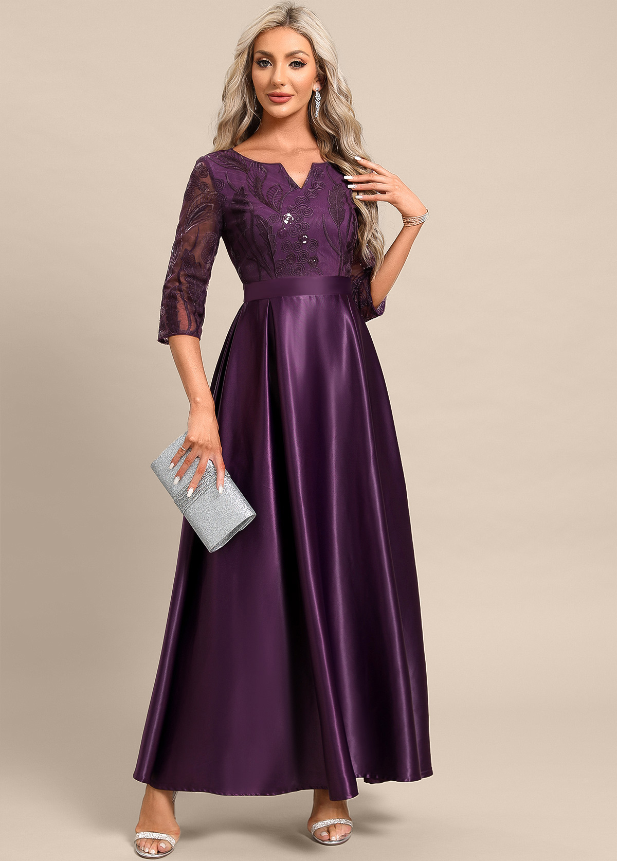 Dark Reddish Purple Lace Maxi 3/4 Sleeve Dress | picture 