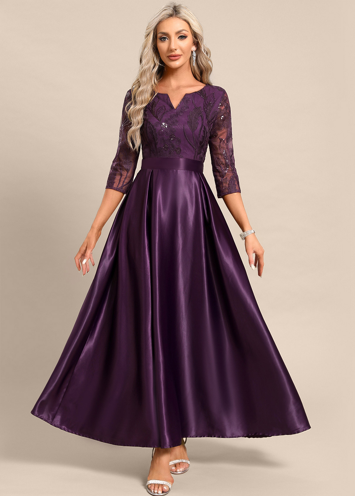 Dark Reddish Purple Lace Maxi 3/4 Sleeve Dress | picture 