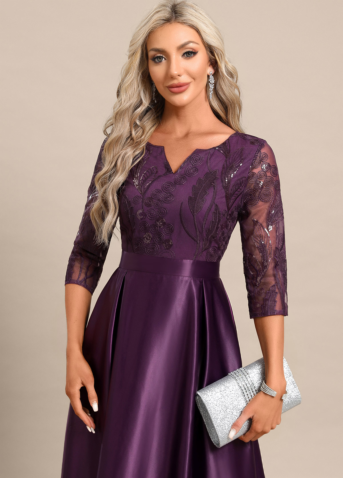 Dark Reddish Purple Lace Maxi 3/4 Sleeve Dress | picture 