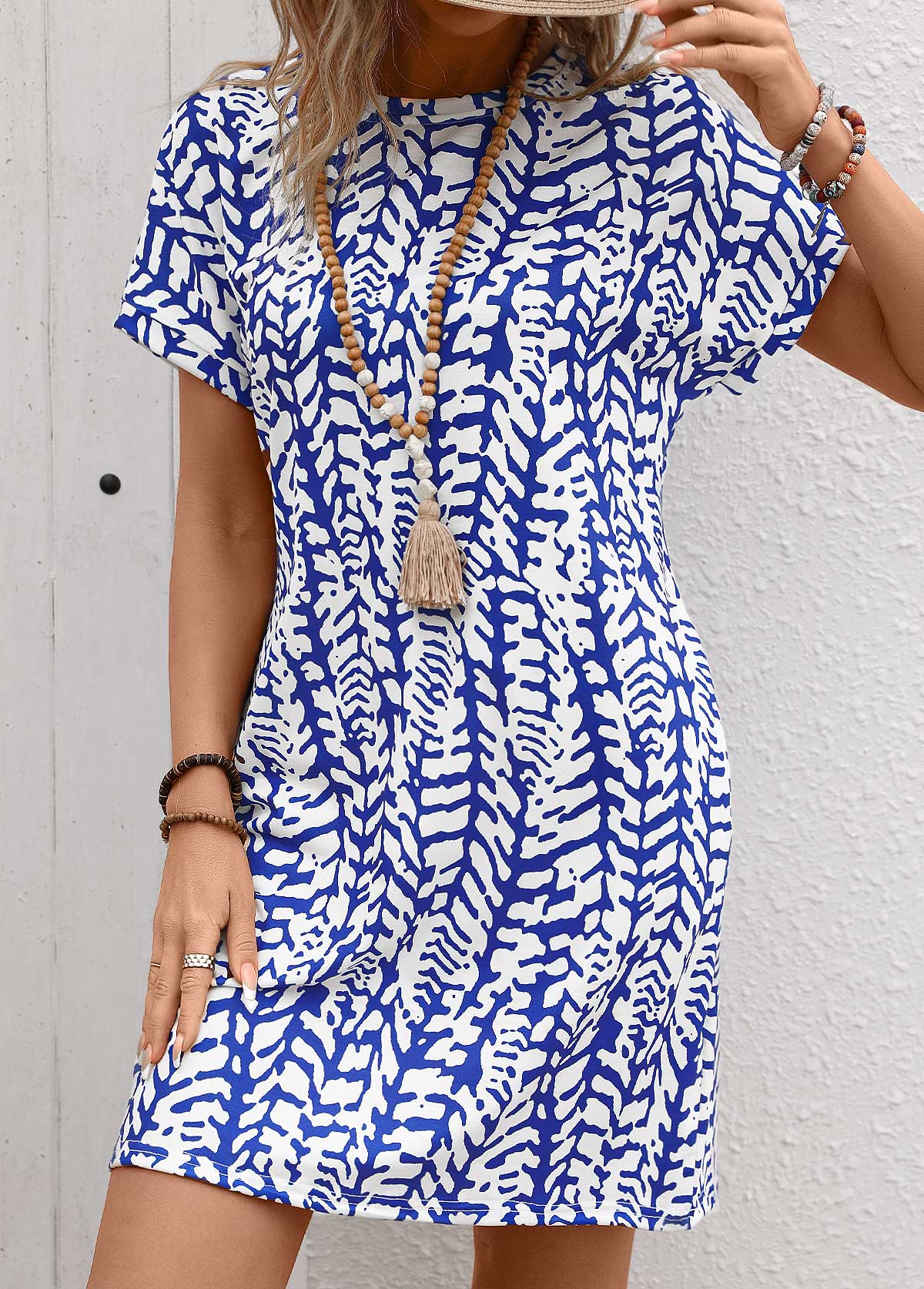 Dark Blue Pocket Graffiti Print Short Sleeve Shift Dress | picture 