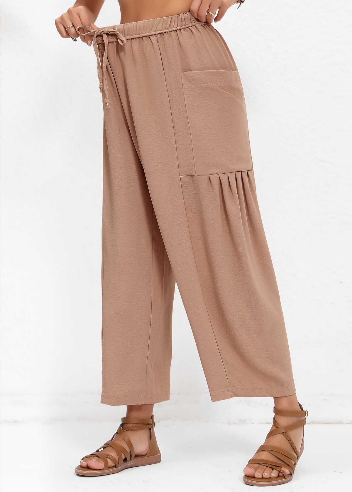 Light Coffee Pocket Elastic Waist High Waisted Pants | picture 