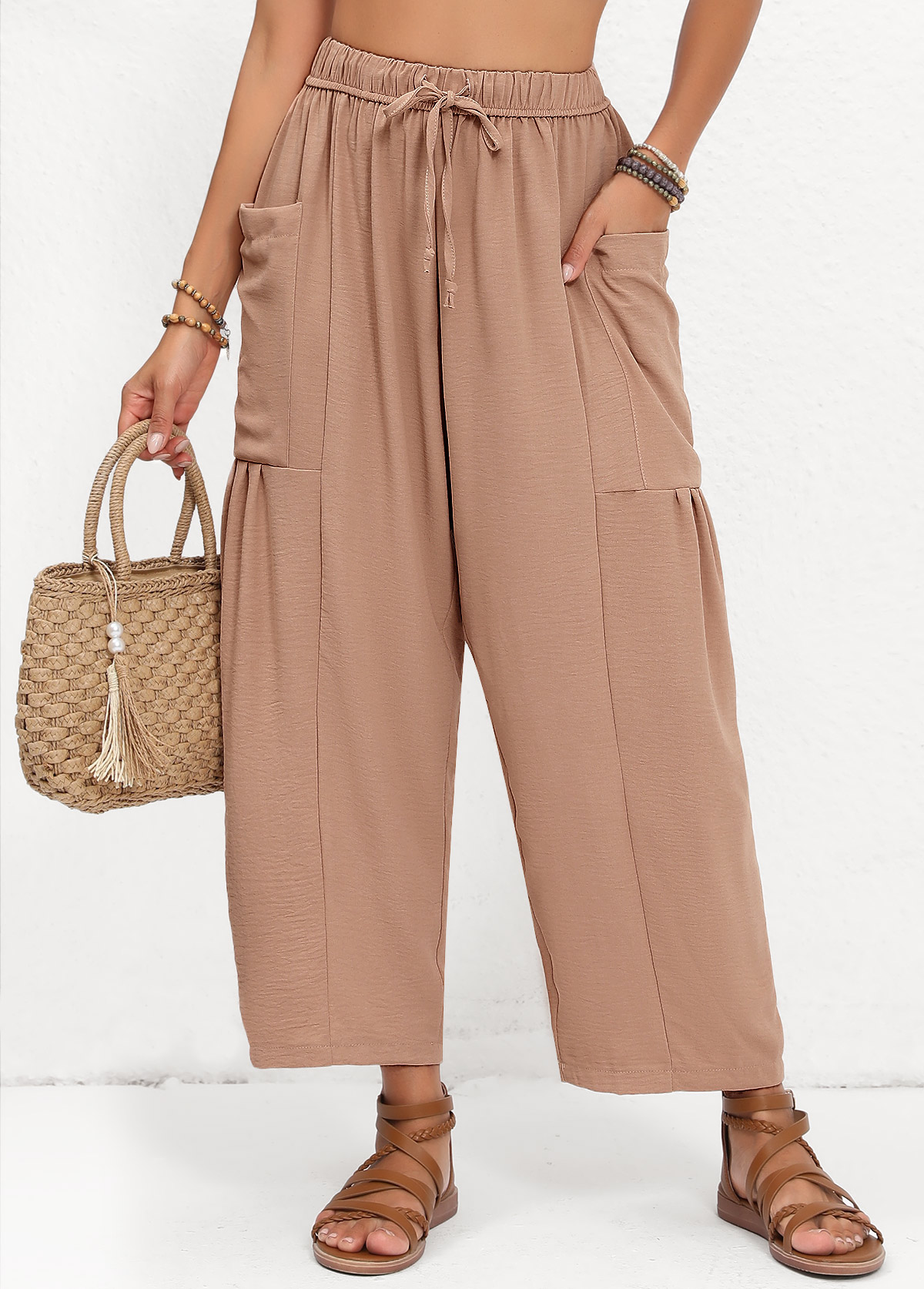 Light Coffee Pocket Elastic Waist High Waisted Pants | picture 