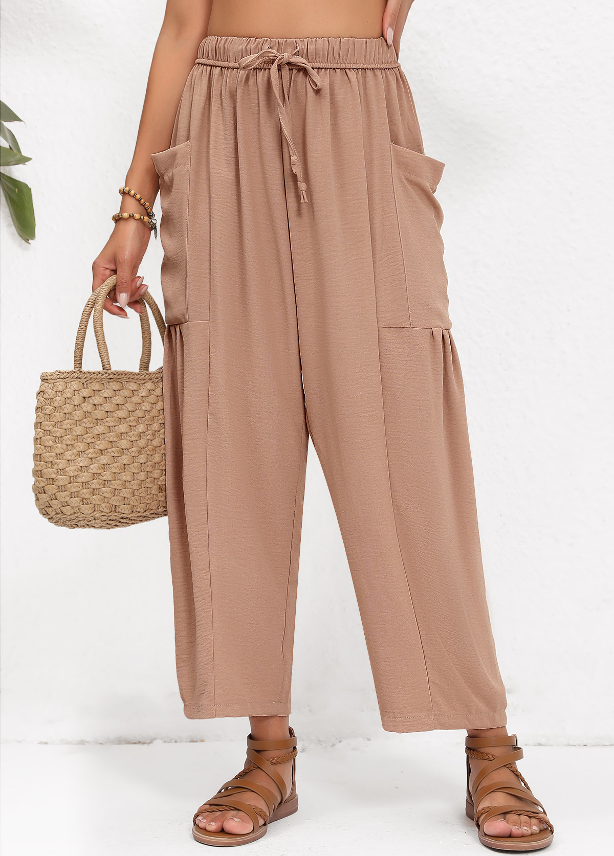 Light Coffee Pocket Elastic Waist High Waisted Pants | picture 