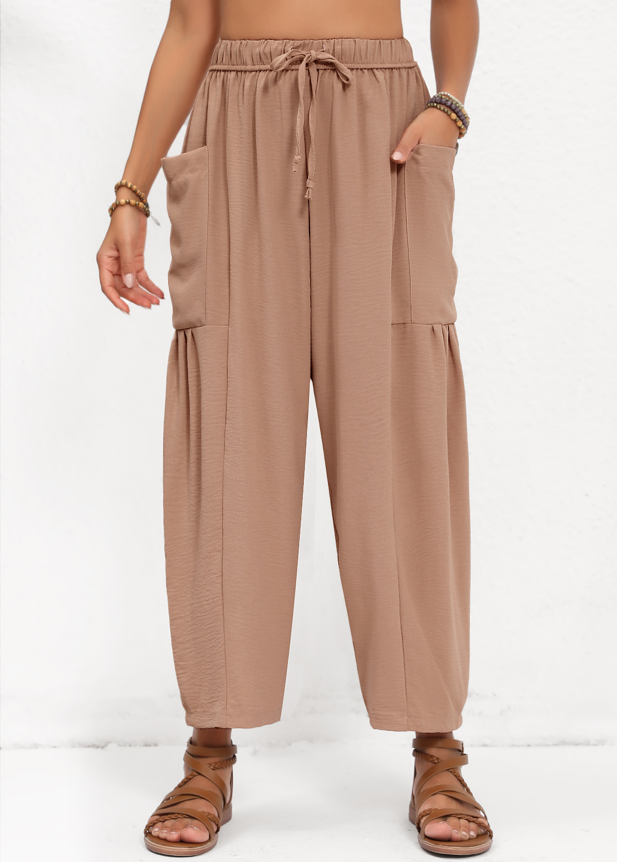 Light Coffee Pocket Elastic Waist High Waisted Pants | picture 