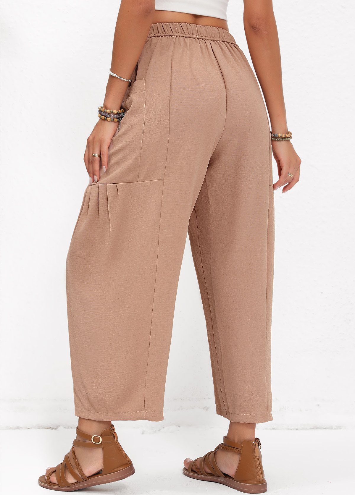 Light Coffee Pocket Elastic Waist High Waisted Pants | picture 
