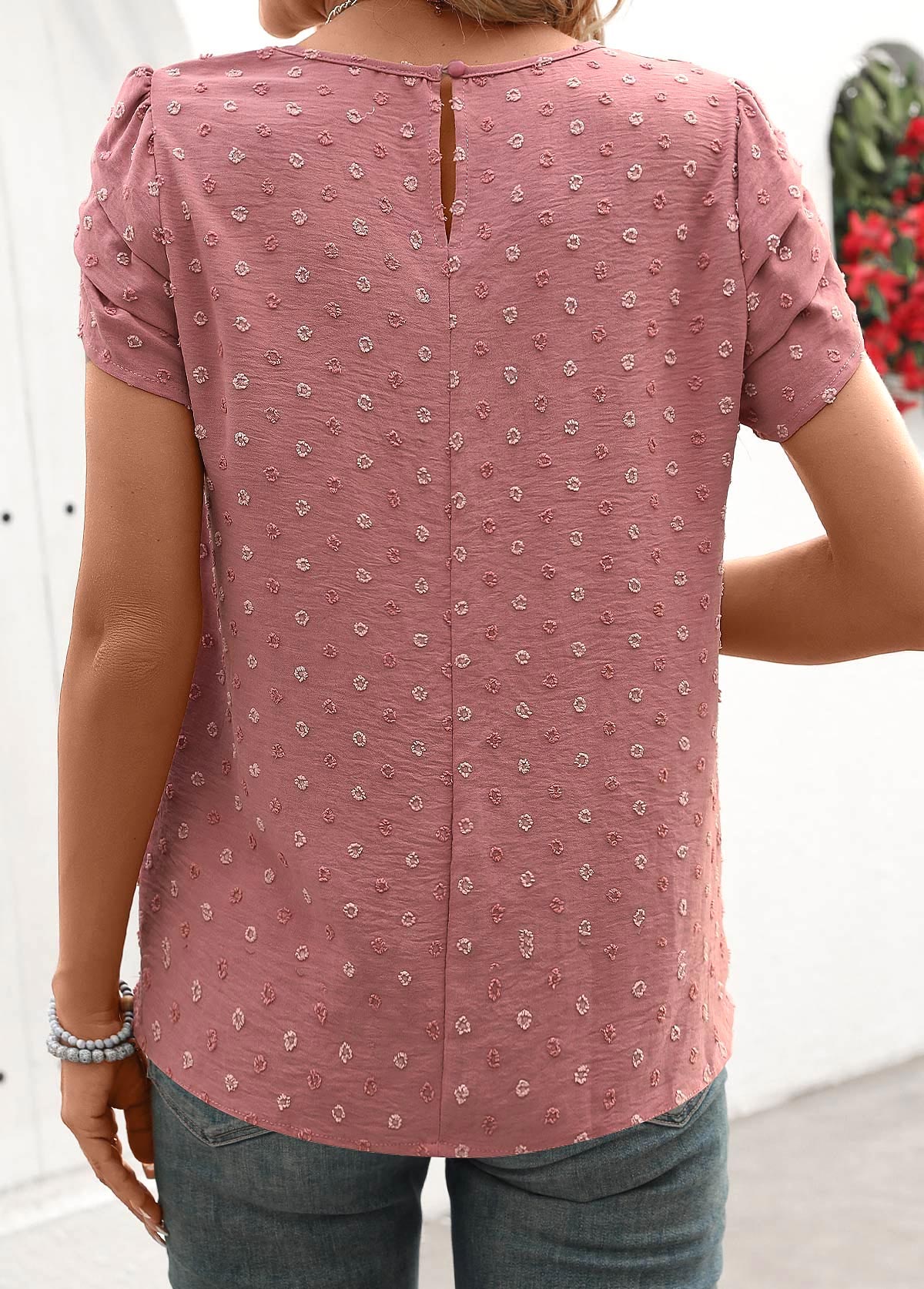 Dark Reddish Purple Jacquard Short Sleeve Round Neck Blouse | picture 