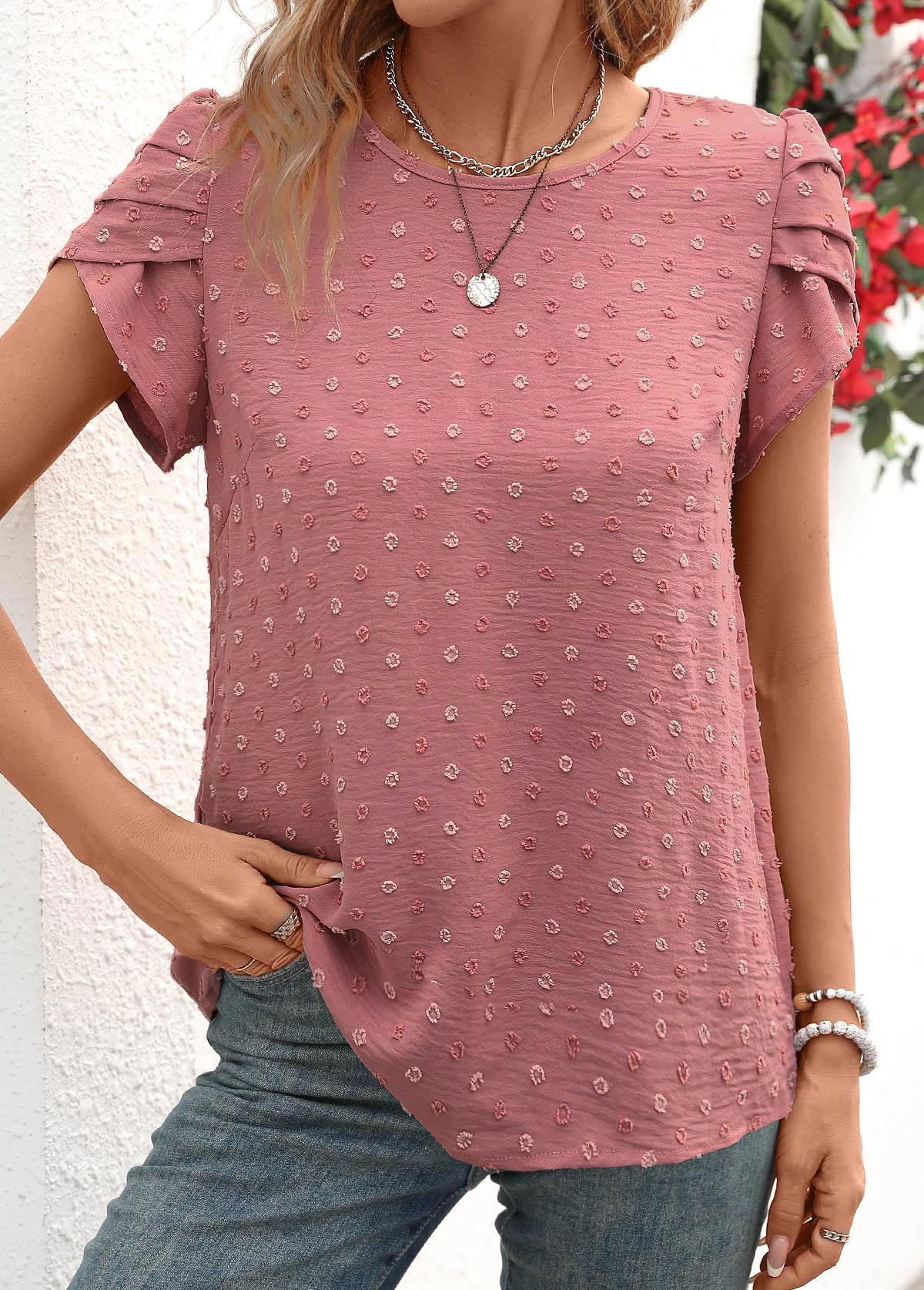 Dark Reddish Purple Jacquard Short Sleeve Round Neck Blouse | picture 