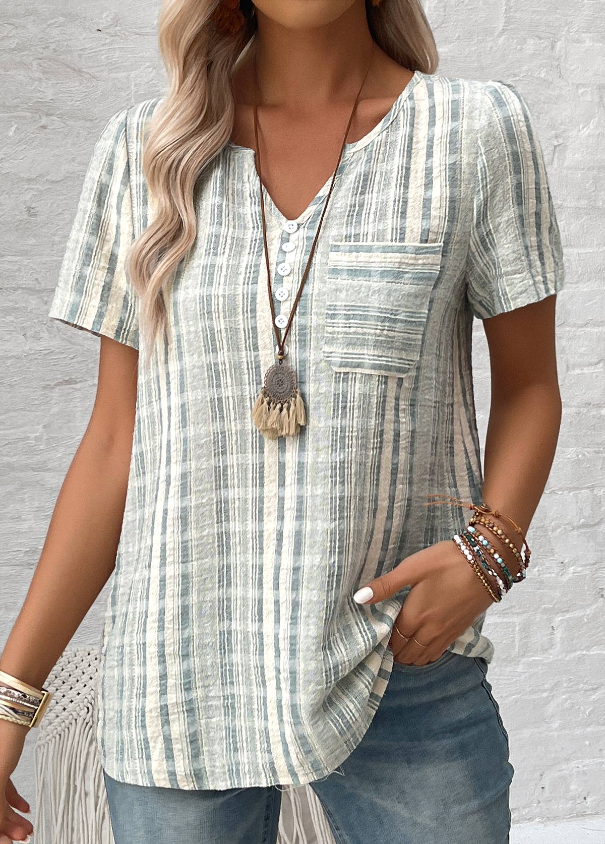 Light Green Split Striped Short Sleeve Blouse | picture 